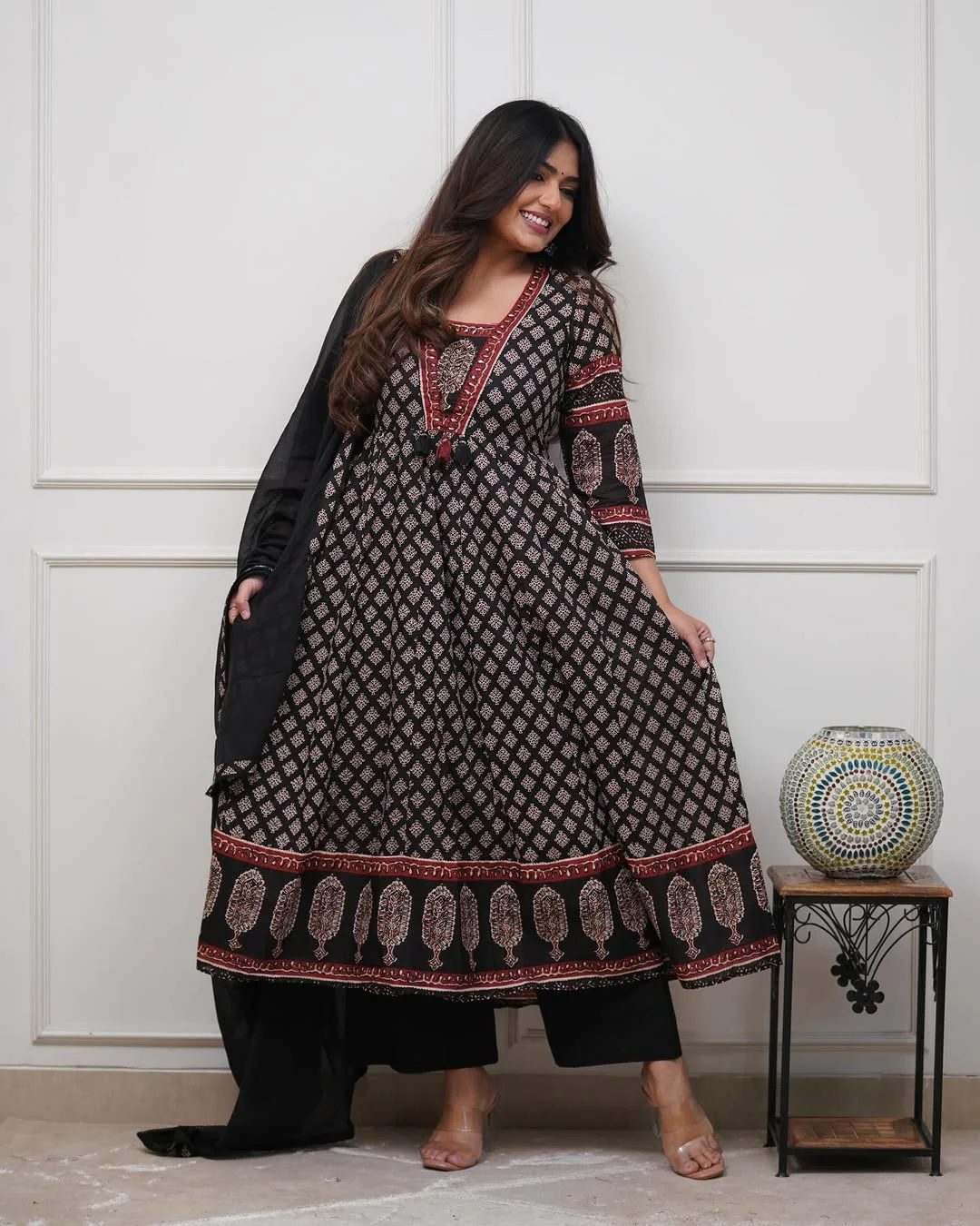 Black Cotton Anarkali Kurta Set | Block Print Flared Suit with Dupatta