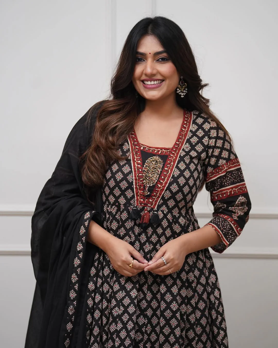 Black Cotton Anarkali Kurta Set | Block Print Flared Suit with Dupatta - Image 2