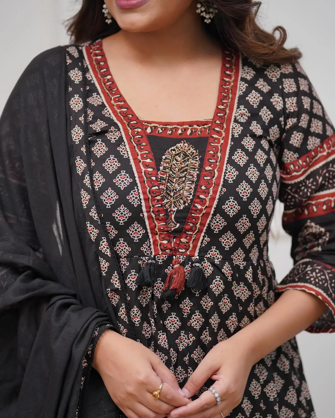 Black Cotton Anarkali Kurta Set | Block Print Flared Suit with Dupatta - Image 3
