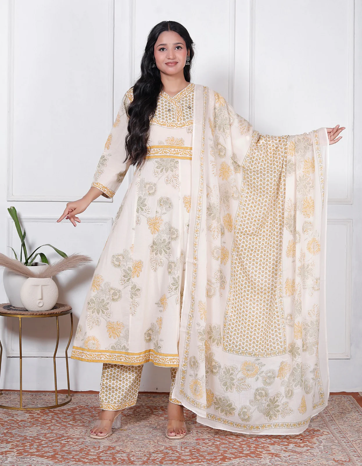 Mustard Yellow Floral Print Premium Cotton Anarkali Suit Set - Image 2