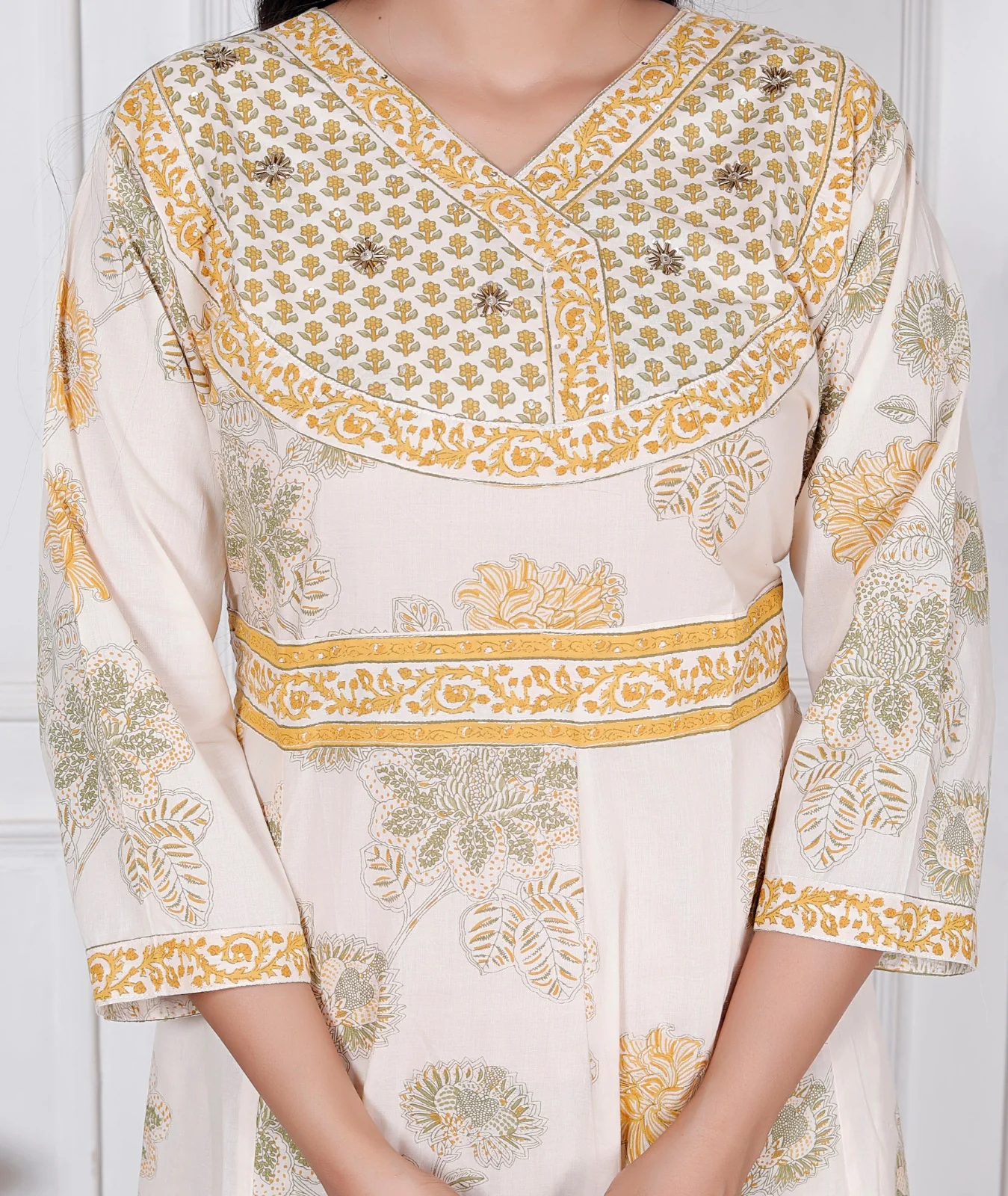 Mustard Yellow Floral Print Premium Cotton Anarkali Suit Set - Image 3