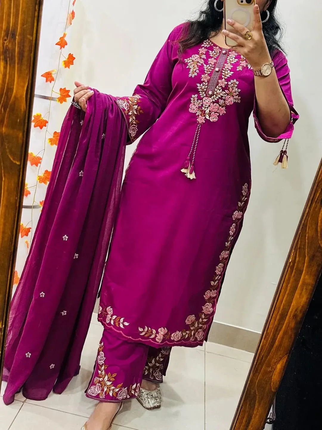 Magenta Pink Heavy Embroidery Silk Kurti Palazzo Dupatta Set - Image 2