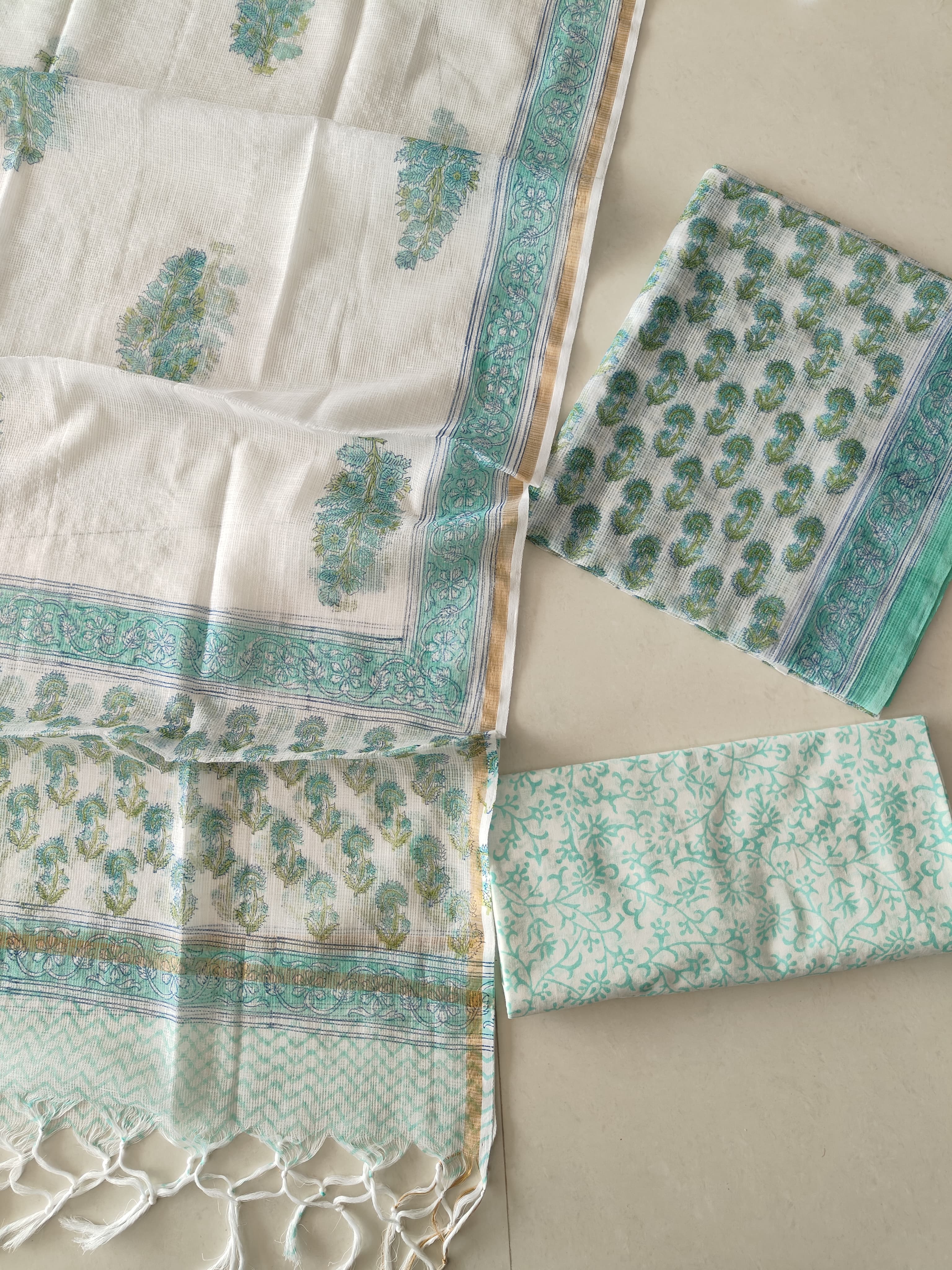 Teal & Green Floral Block Print Kota Doriya Suit (BFFKO91)