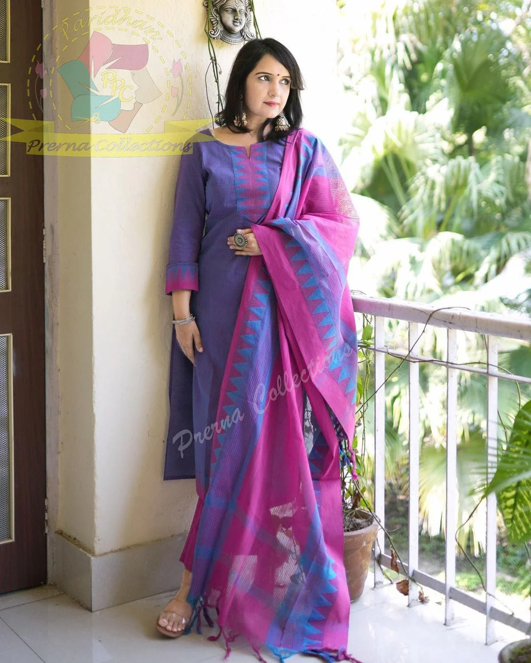 Purple Pink South Cotton Handloom Kurti Set with Temple Border |