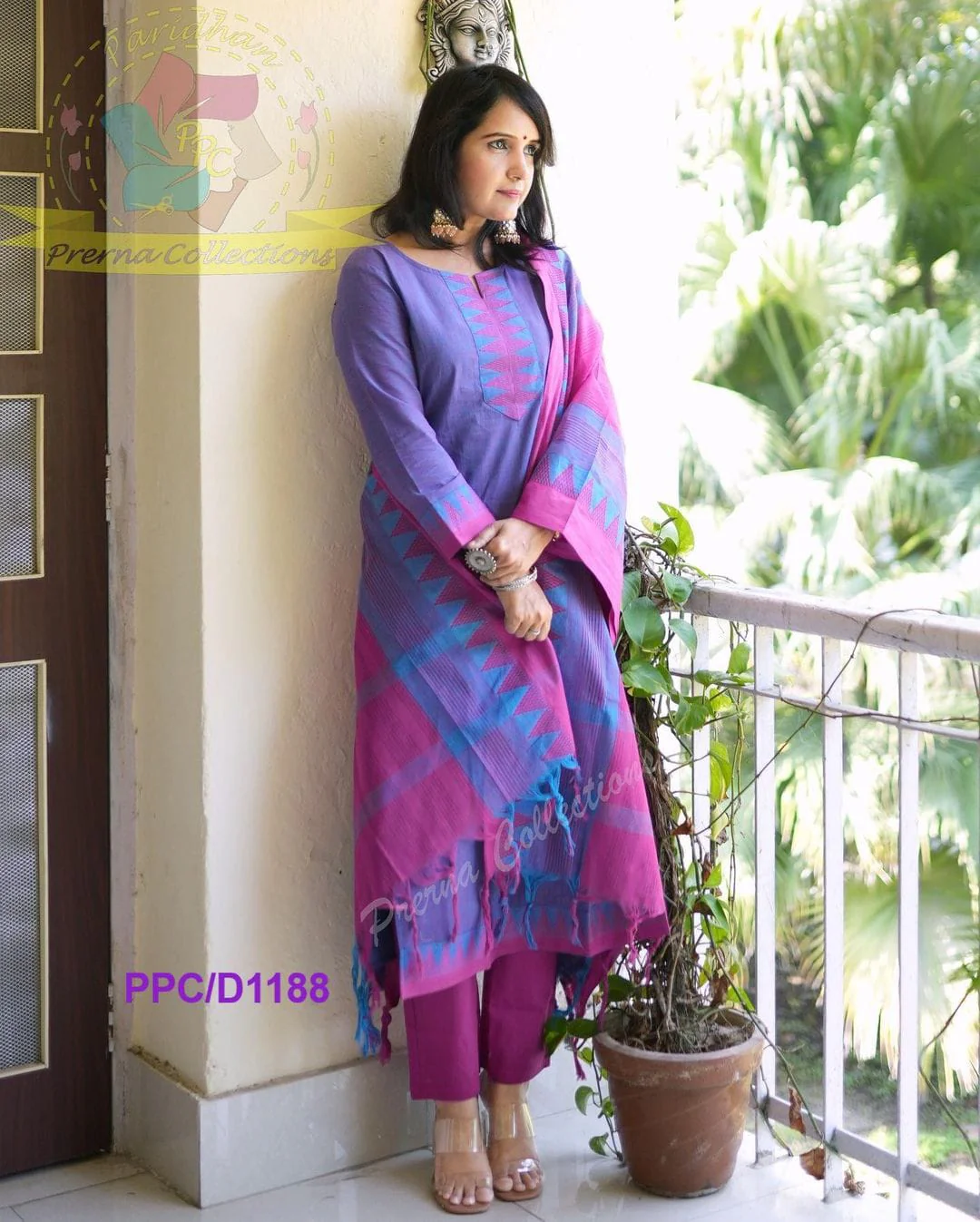 Purple Pink South Cotton Handloom Kurti Set with Temple Border | - Image 2