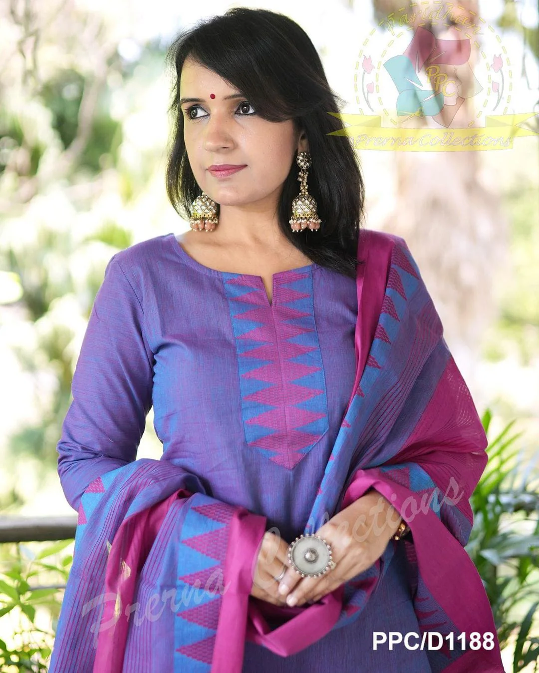 Purple Pink South Cotton Handloom Kurti Set with Temple Border | - Image 3
