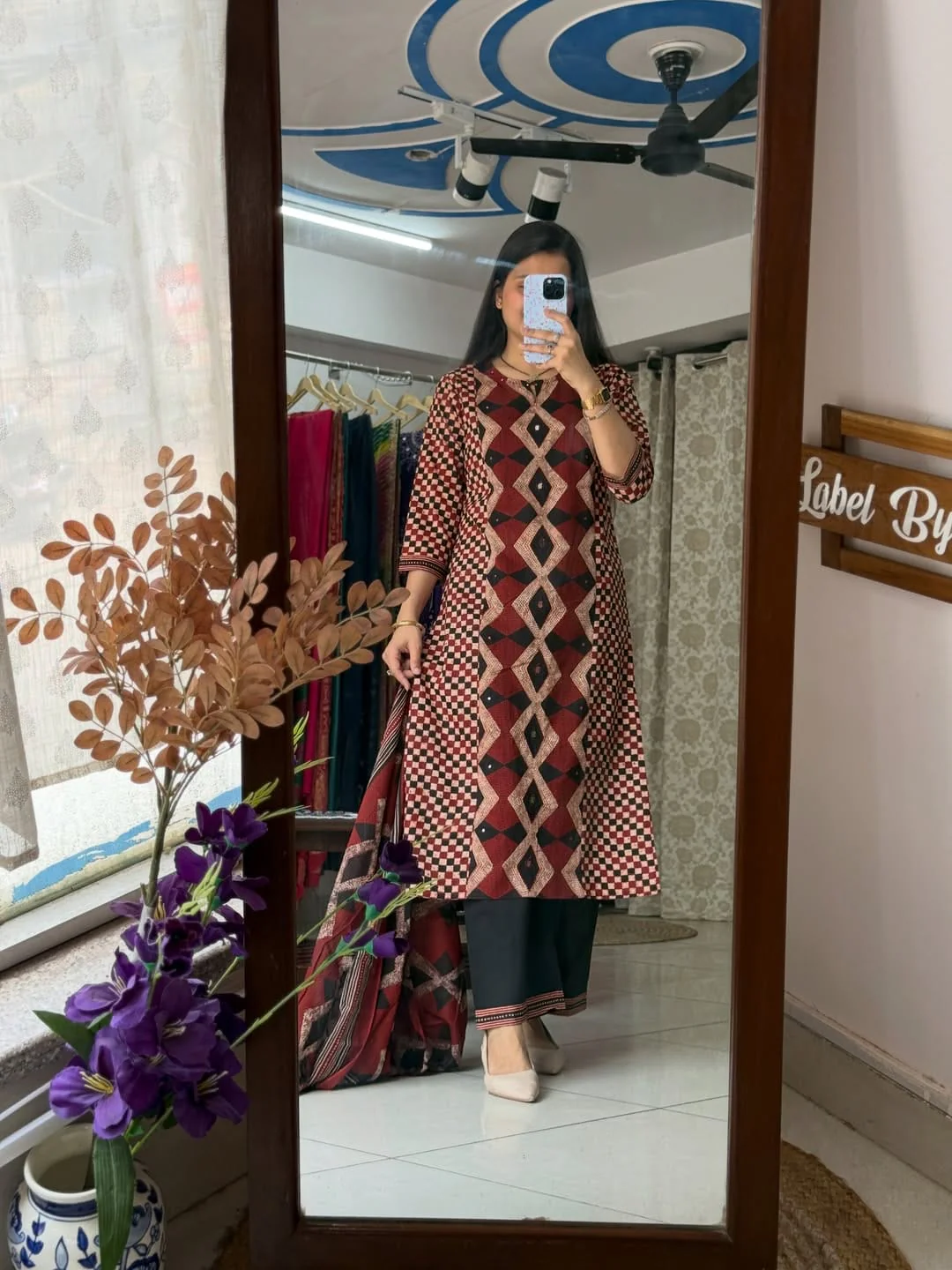 Maroon Black Ikat Diamond Print Heavy Cotton Kurti Pant Dupatta Set