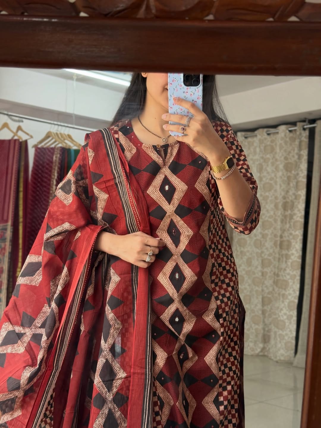 Maroon Black Ikat Diamond Print Heavy Cotton Kurti Pant Dupatta Set - Image 2