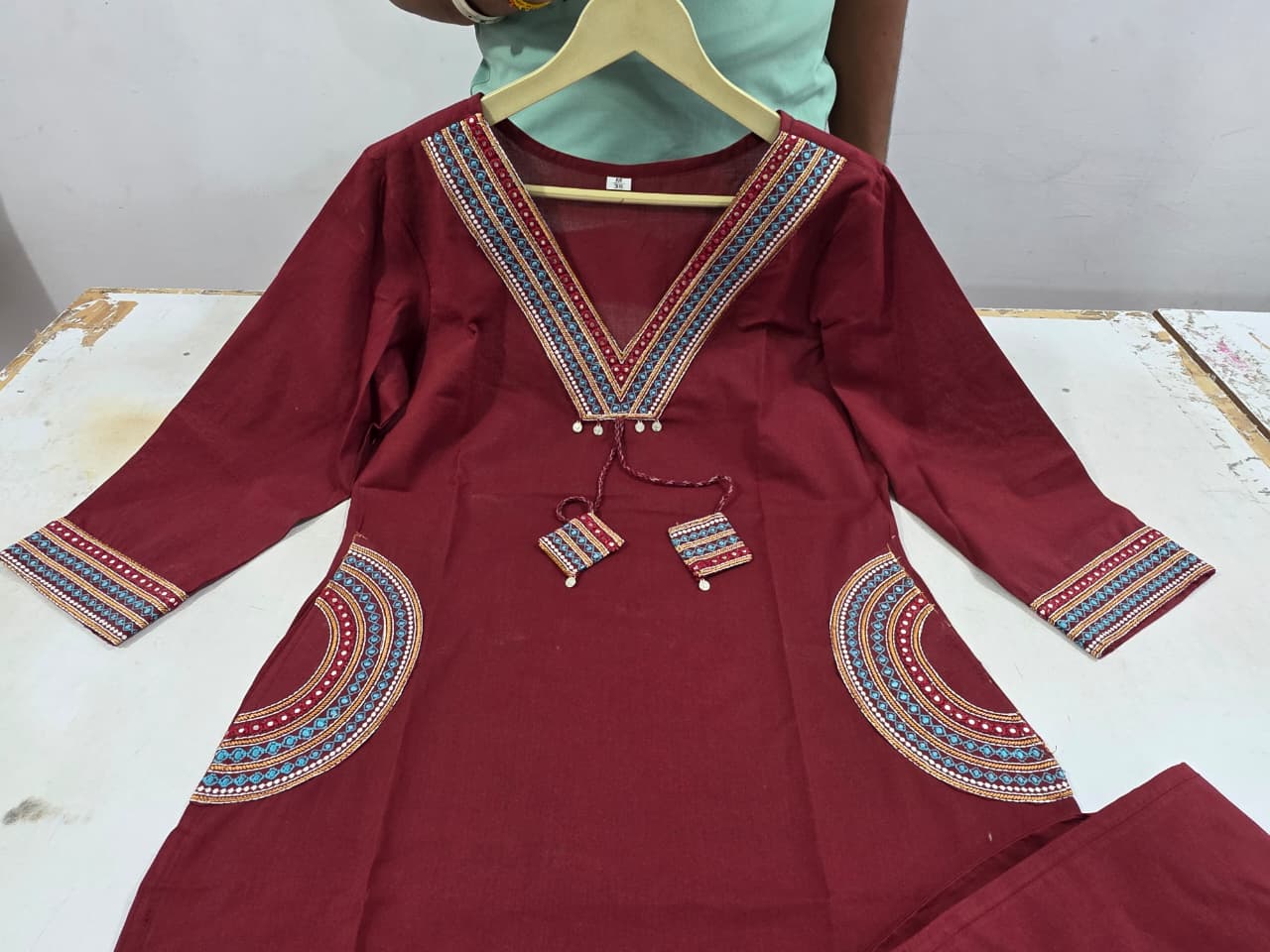 Wine Maroon Hand Work Cotton Kurta Pant Set | Ethnic Neck Embroidery - Image 2