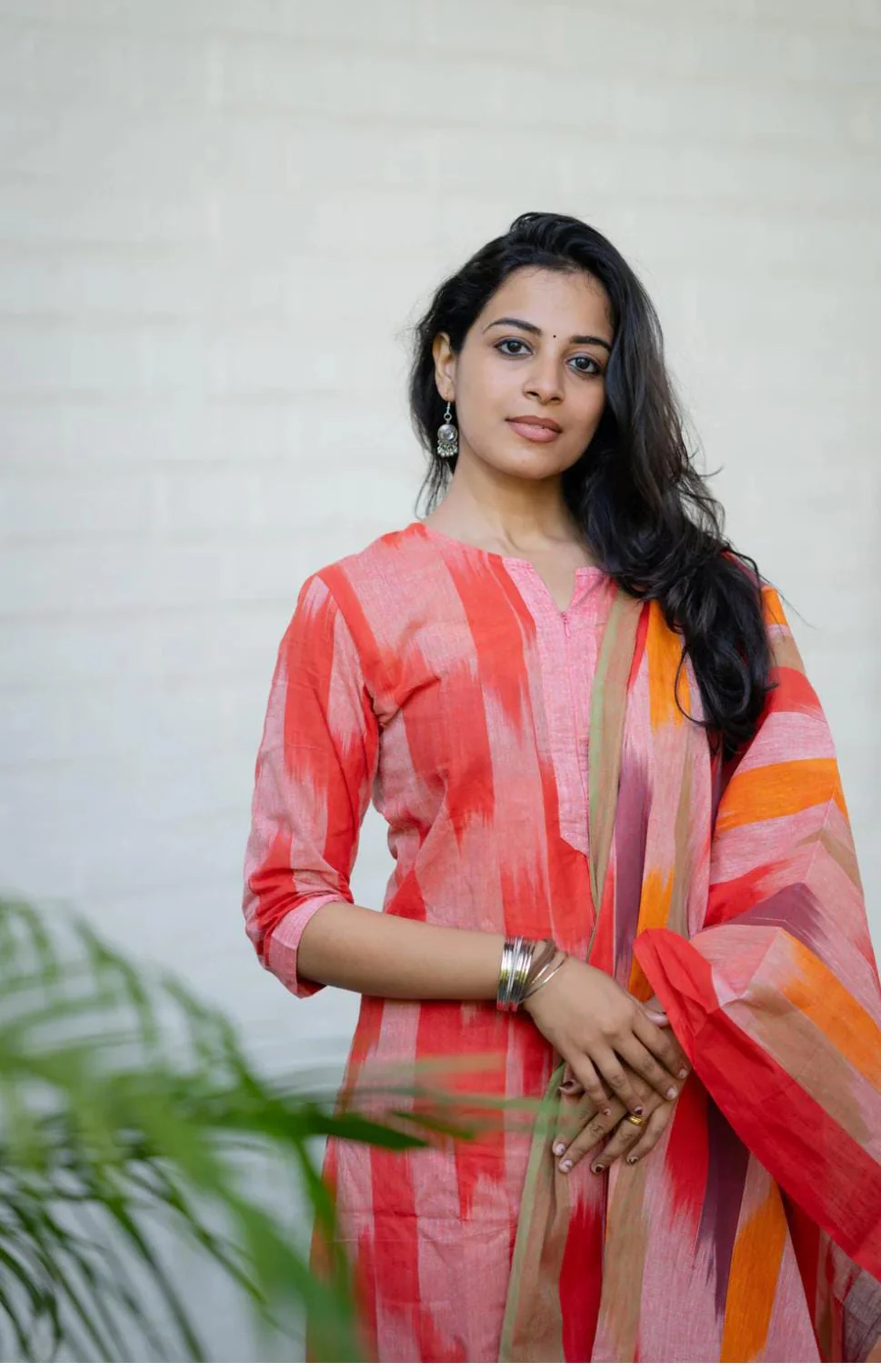Coral Red Ikat Print Handloom Cotton Kurti Set - Image 2