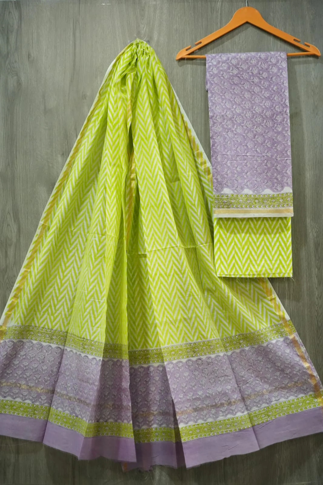 Lime Luxe Chevron  Hand Block Print Chanderi Silk Dress Material  (BFCHS51)