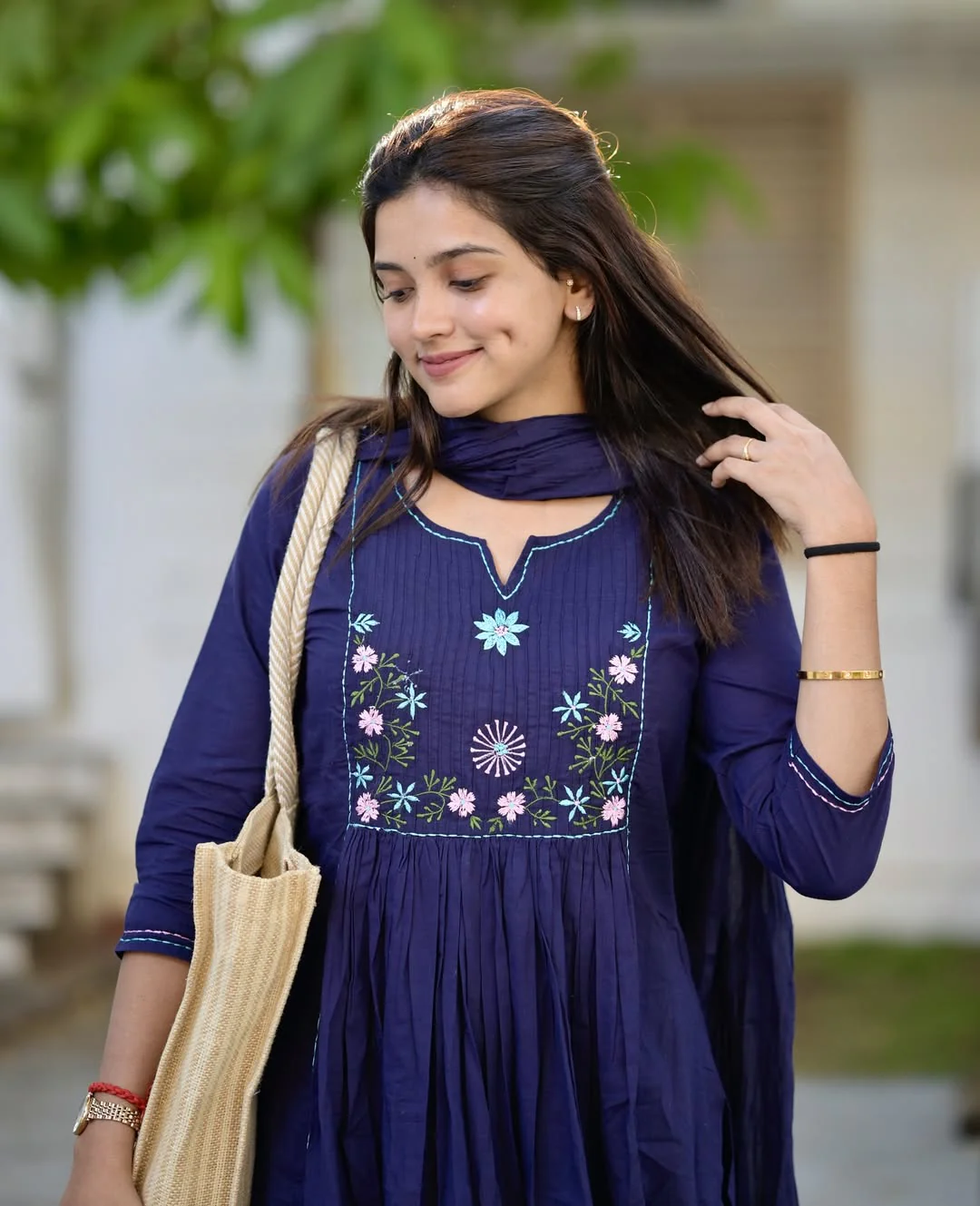 Navy Blue Embroidered Cotton Kurti Pant Dupatta Set for Women - Image 2