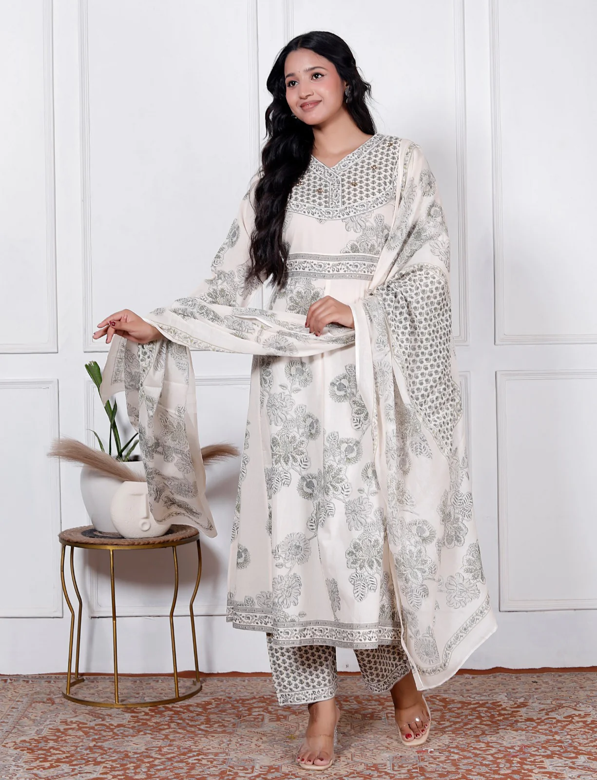 Grey Floral Print Premium Cotton Anarkali Suit Set