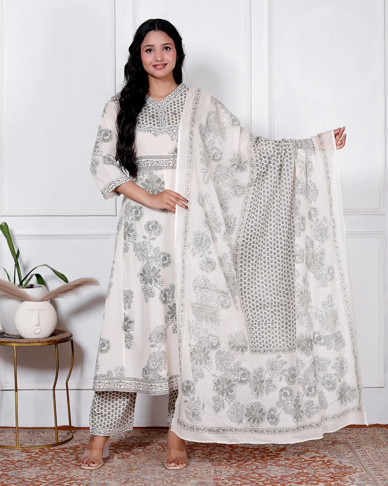Grey Floral Print Premium Cotton Anarkali Suit Set - Image 2