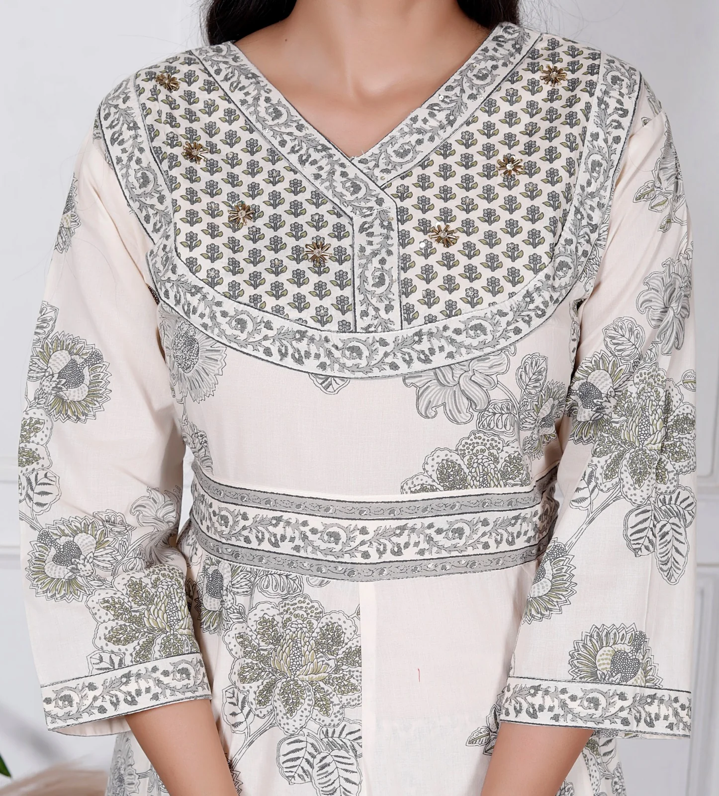 Grey Floral Print Premium Cotton Anarkali Suit Set - Image 3