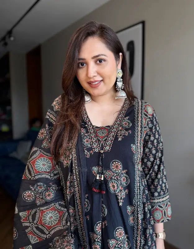 Black Ajrakh Print Anarkali Suit Set for Women - Image 2