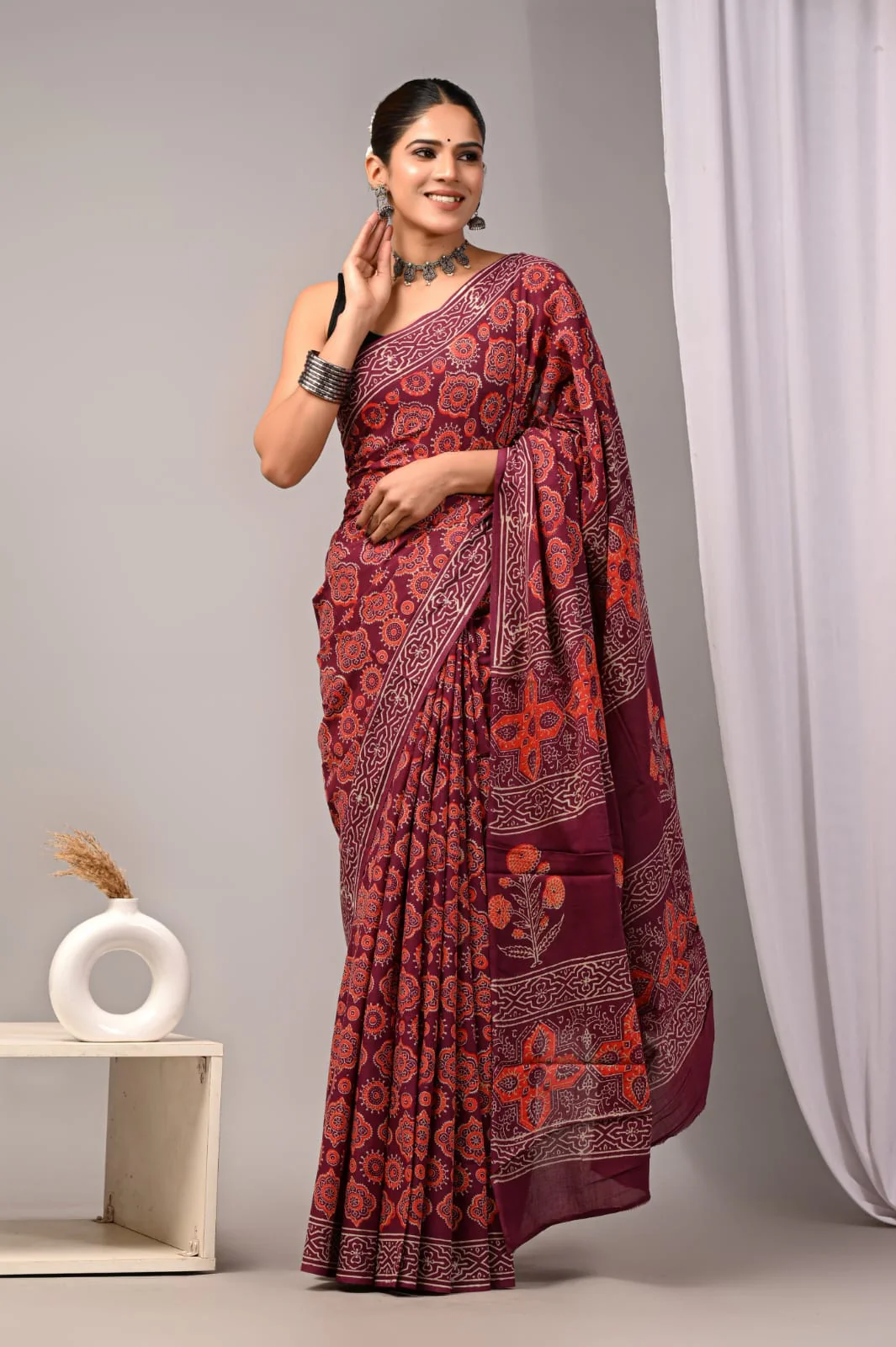 Maroon Ajrakh Hand Block Printed Cotton Saree with Blouse (BFCS74)