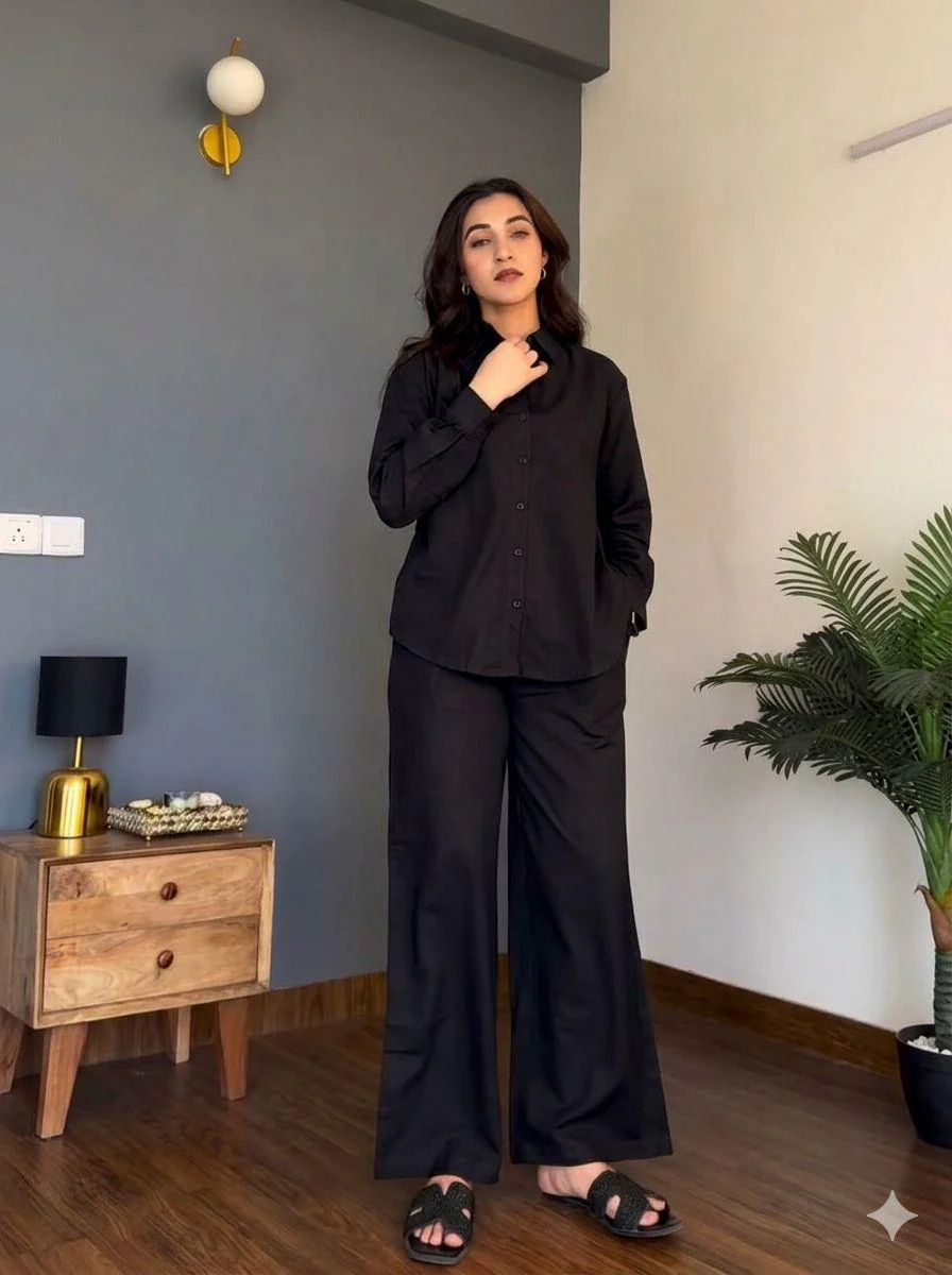 Black Pure Cotton Coord Set | Shirt & Wide Leg Pant - Image 2