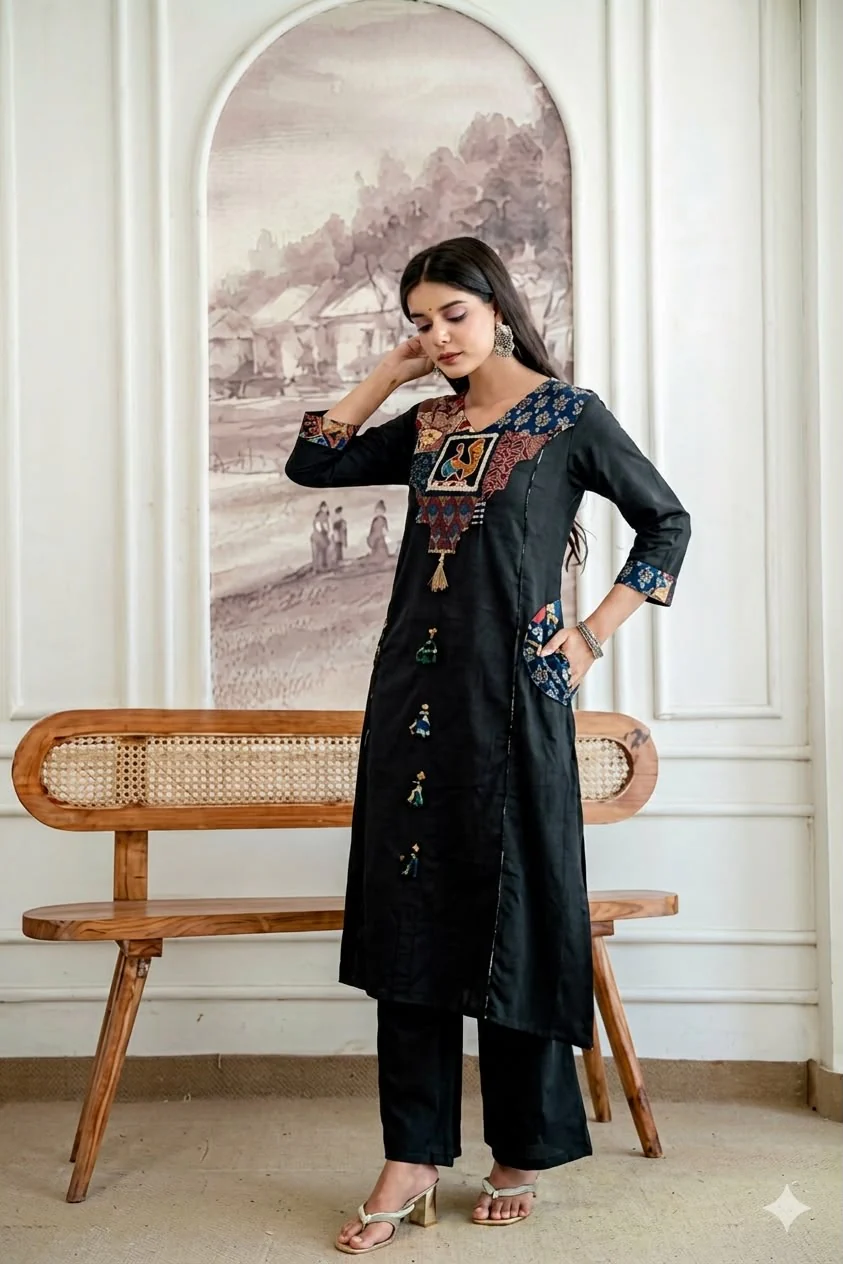 Black Pure Cotton Suit Set with Kalamkari Print Dupatta - Image 2