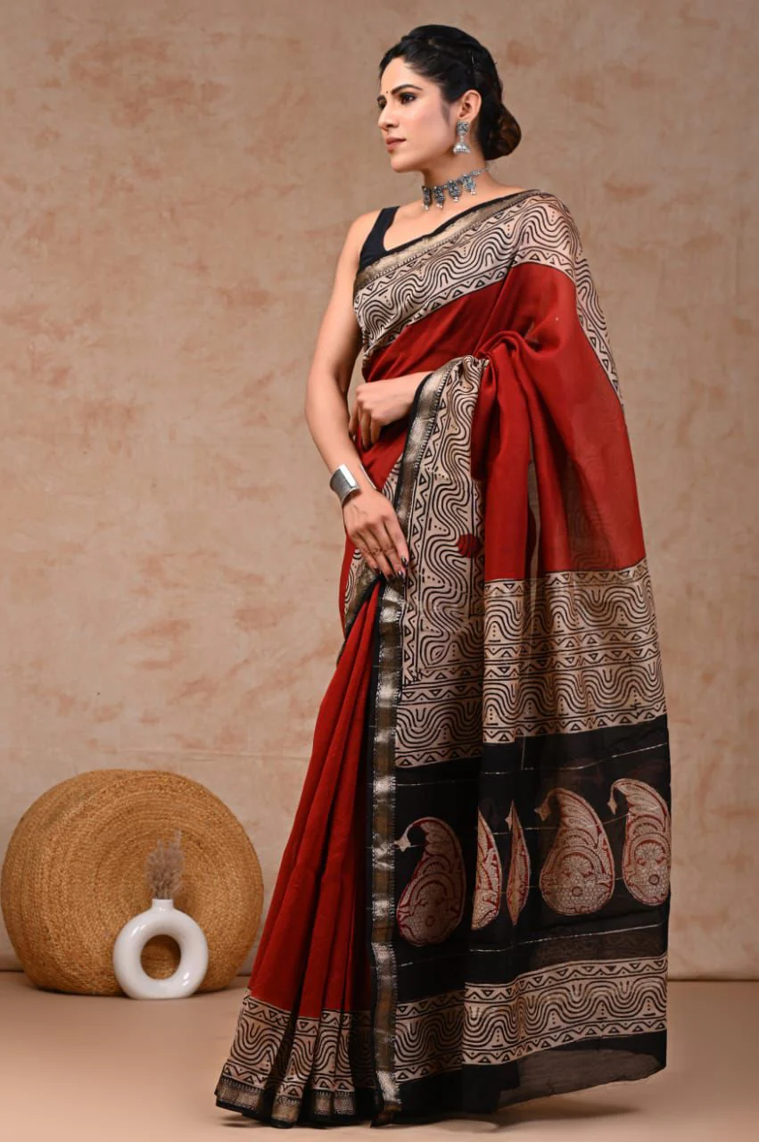 New Designer Hand Block Print Maheshwari Silk Saree (BFMSARE04)