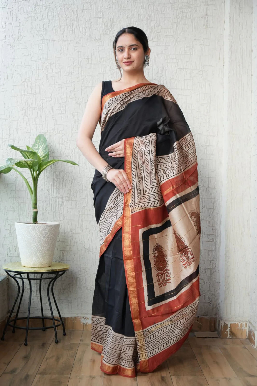 New Designer Hand Block Print Maheshwari Silk Saree (BFMSARE66)