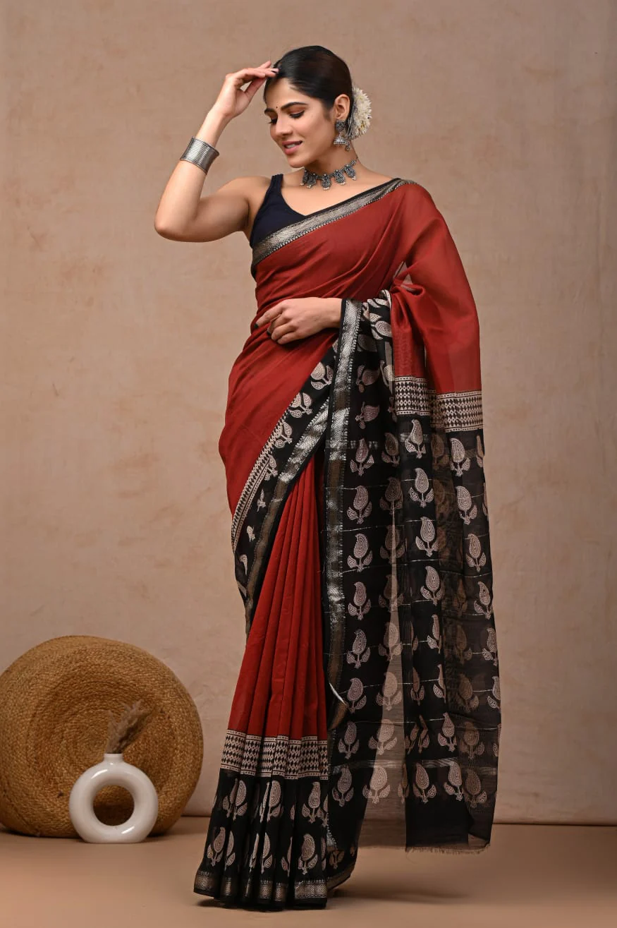 New Designer Hand Block Print Maheshwari Silk Saree (BFMSARE75)