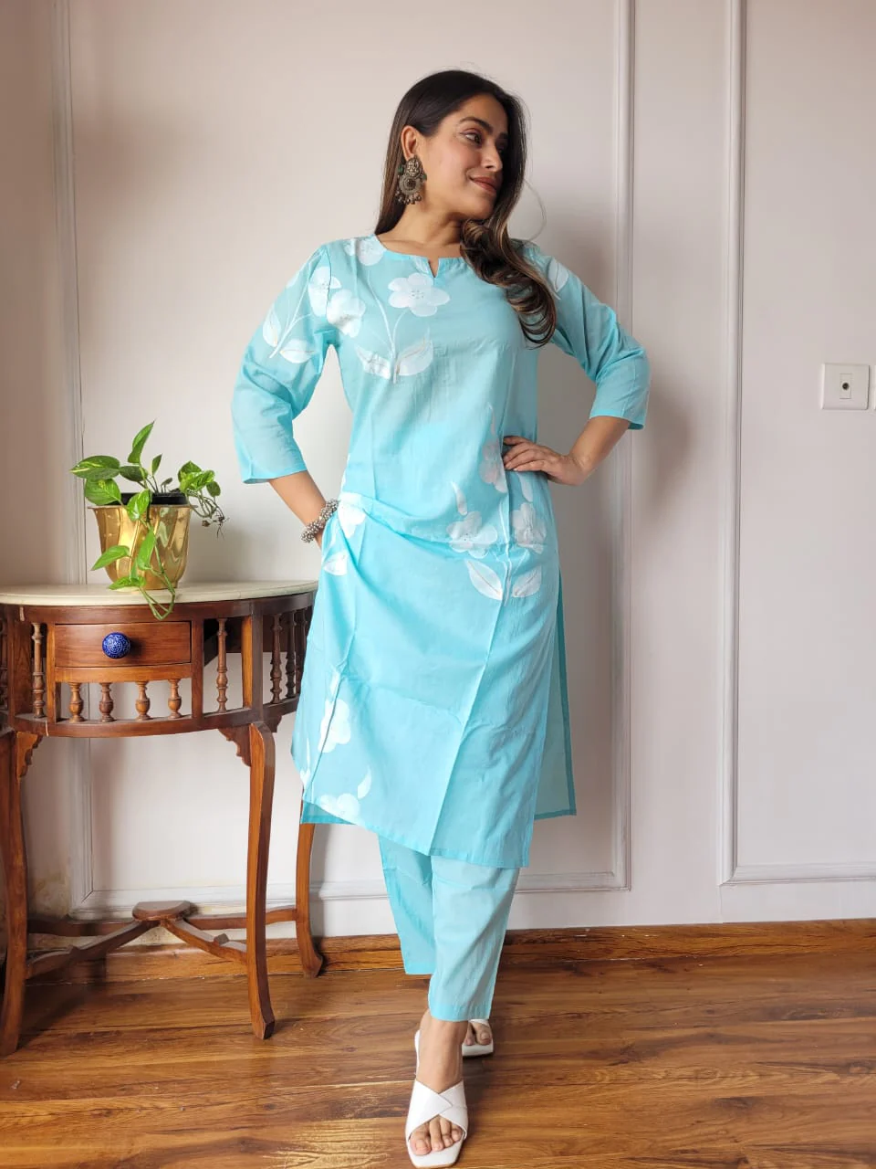 Sky Blue Floral Cotton Kurti Pant Set for Women | Casual Ethnic Wear - Image 2