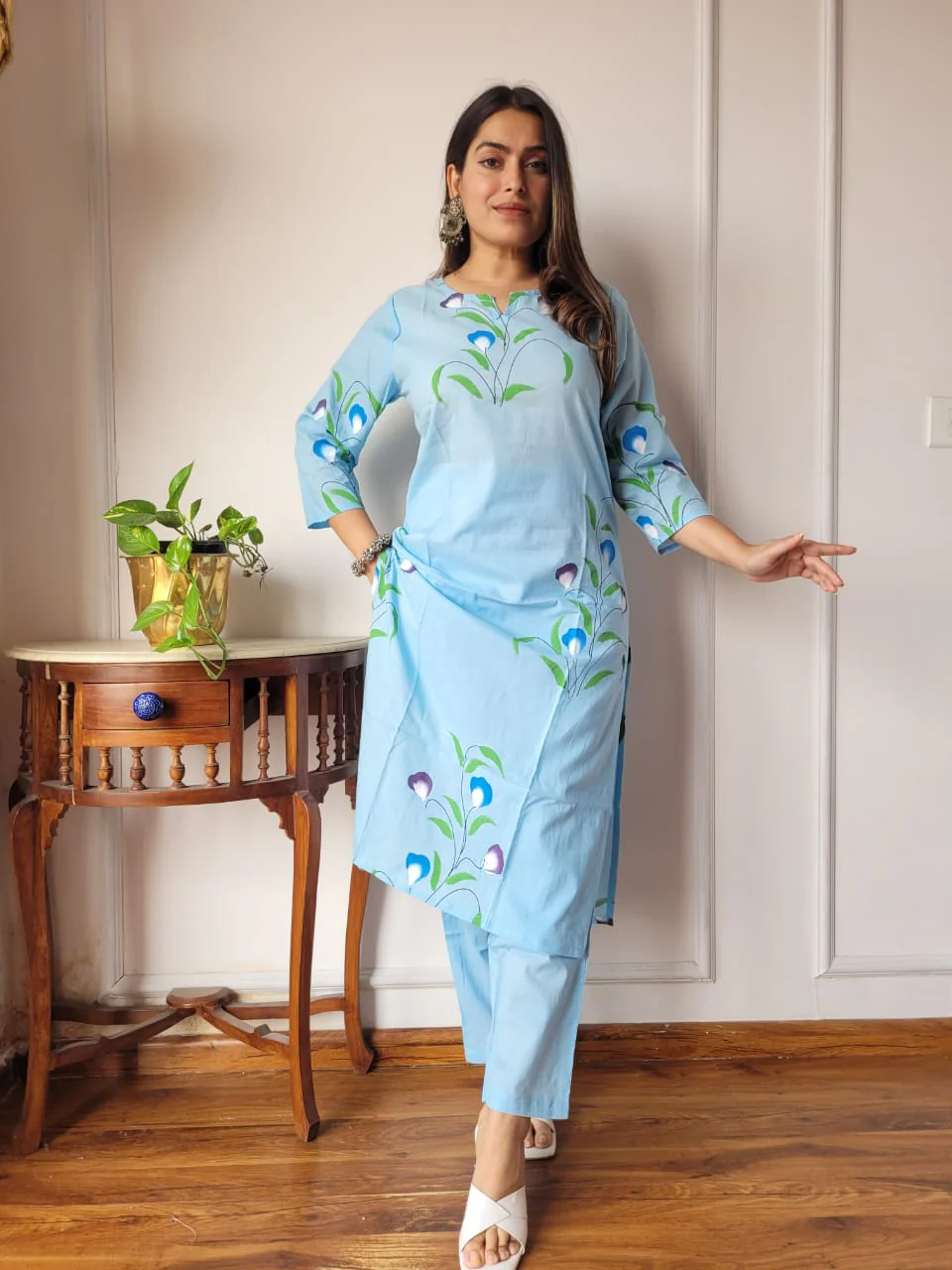 Sky Blue Floral Cotton Kurta Pant Set for Women | Elegant Summer Ethnic Wear(BFCOS01)