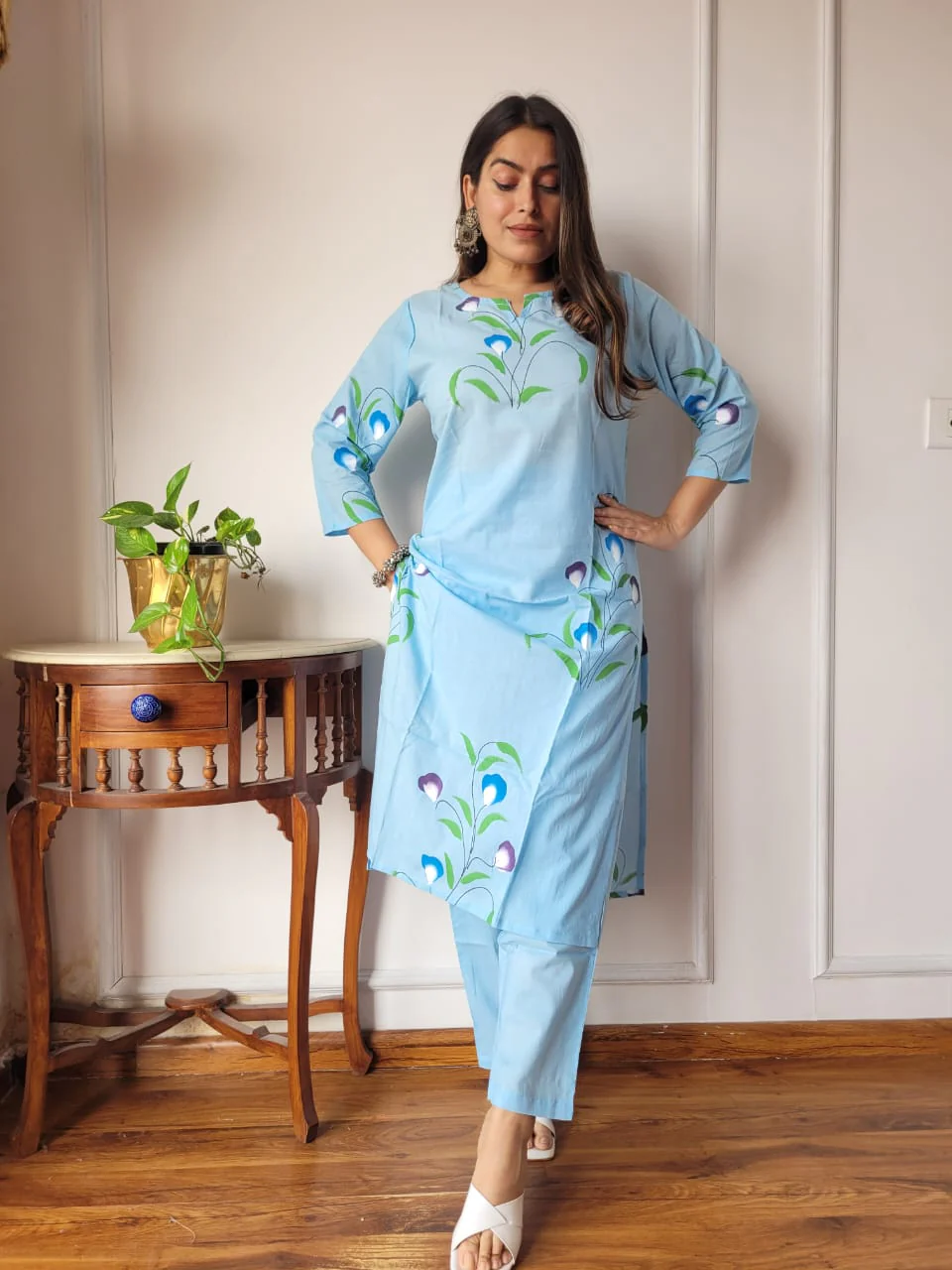 Sky Blue Floral Cotton Kurta Pant Set for Women | Elegant Summer Ethnic Wear(BFCOS01) - Image 2