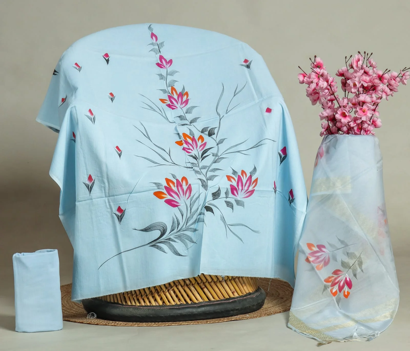 New Floral Hand Block Printed Cotton Suit With Organza Dupatta(BFOR71)