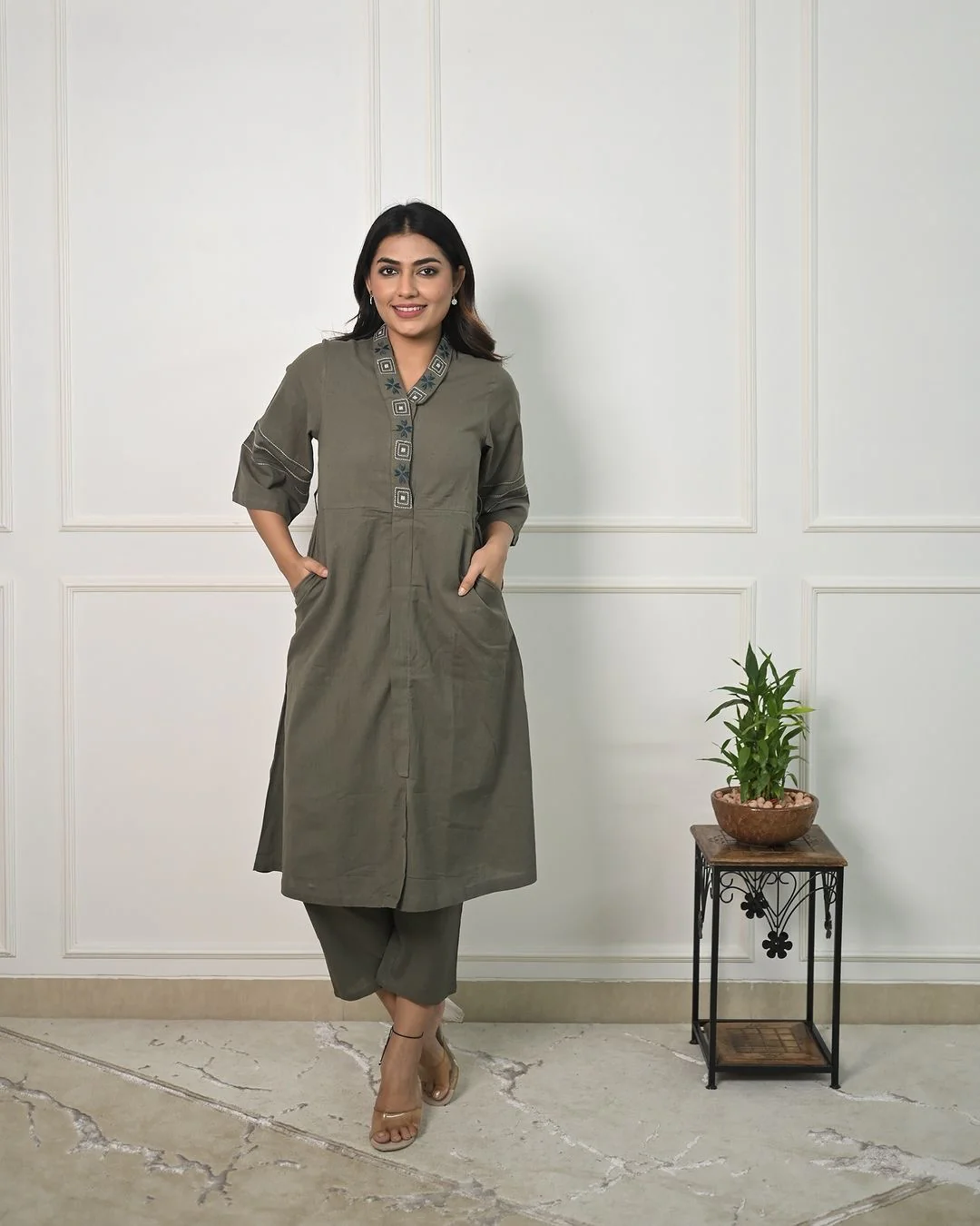 How can we not work on something that you all desperately wanted. One of the finest Cotton Slub and bold shade of Collar embroidery Co-Ord set - Image 3
