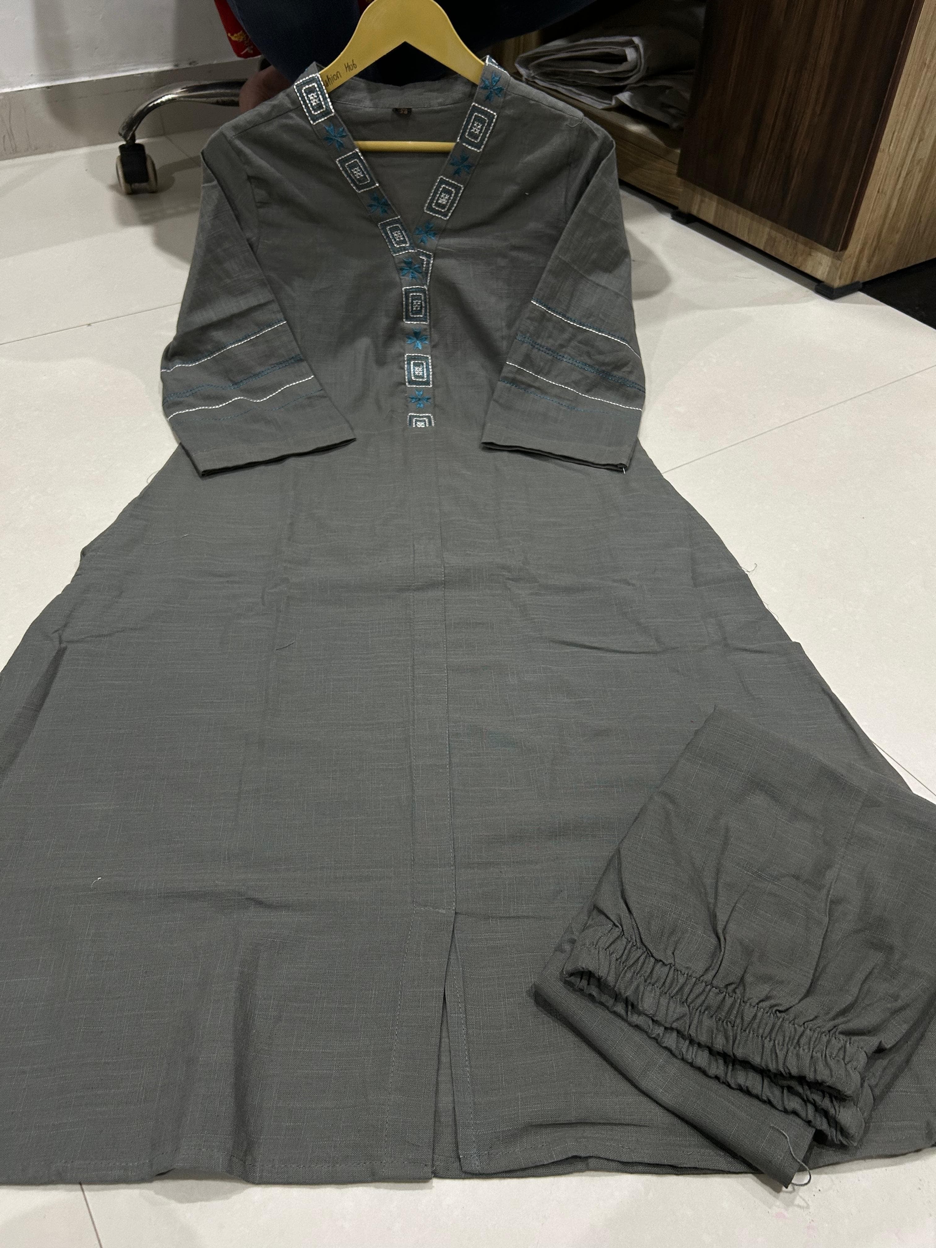 How can we not work on something that you all desperately wanted. One of the finest Cotton Slub and bold shade of Collar embroidery Co-Ord set - Image 5