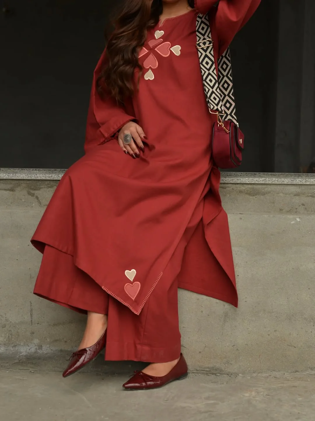 Rust Red Cotton Kurti Pant Set with Heart Embroidery for Women - Image 2