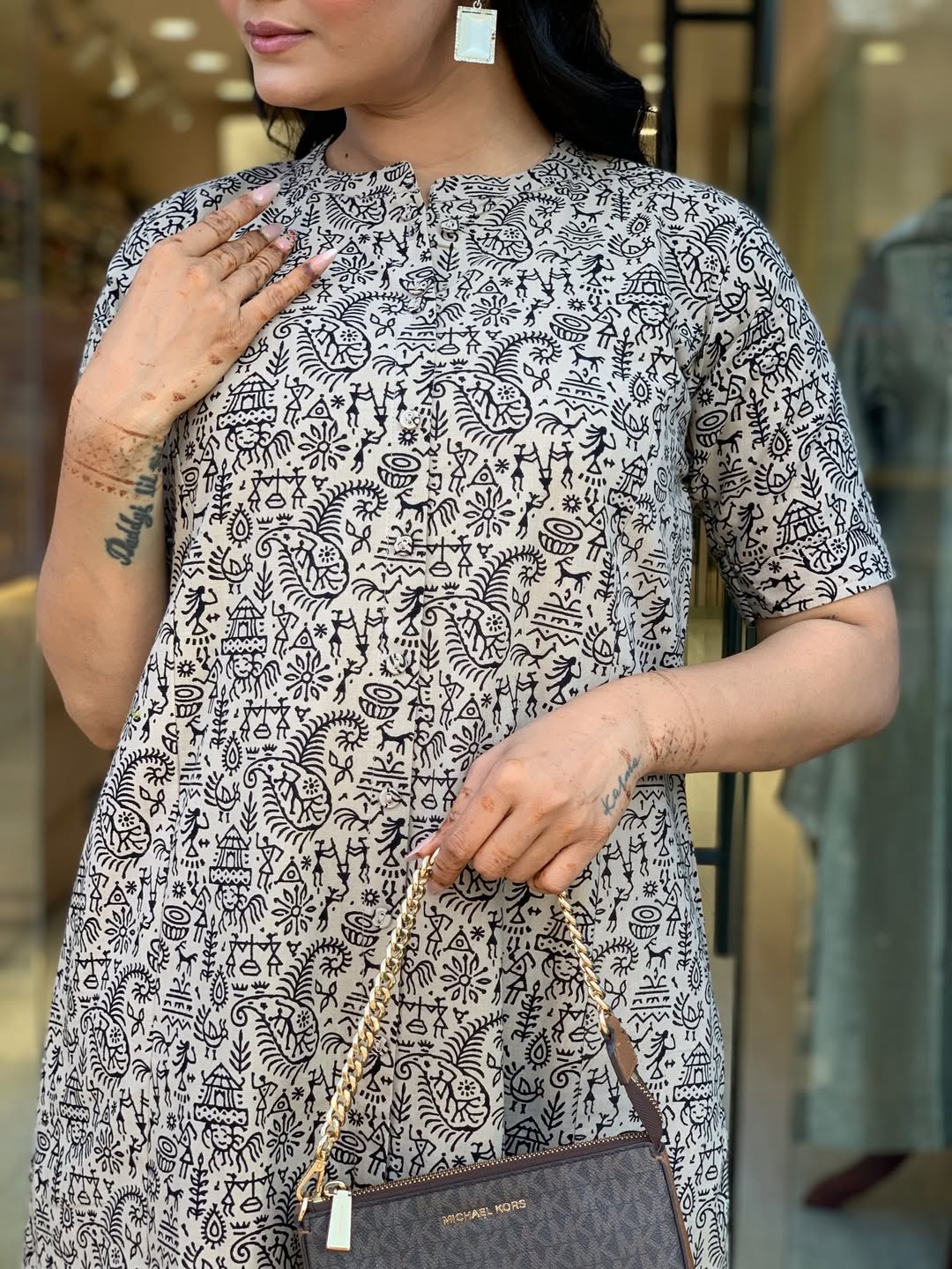 Beige & Black Warli Print Cotton A-Line Kurta Wide Palazzo Set - Image 2