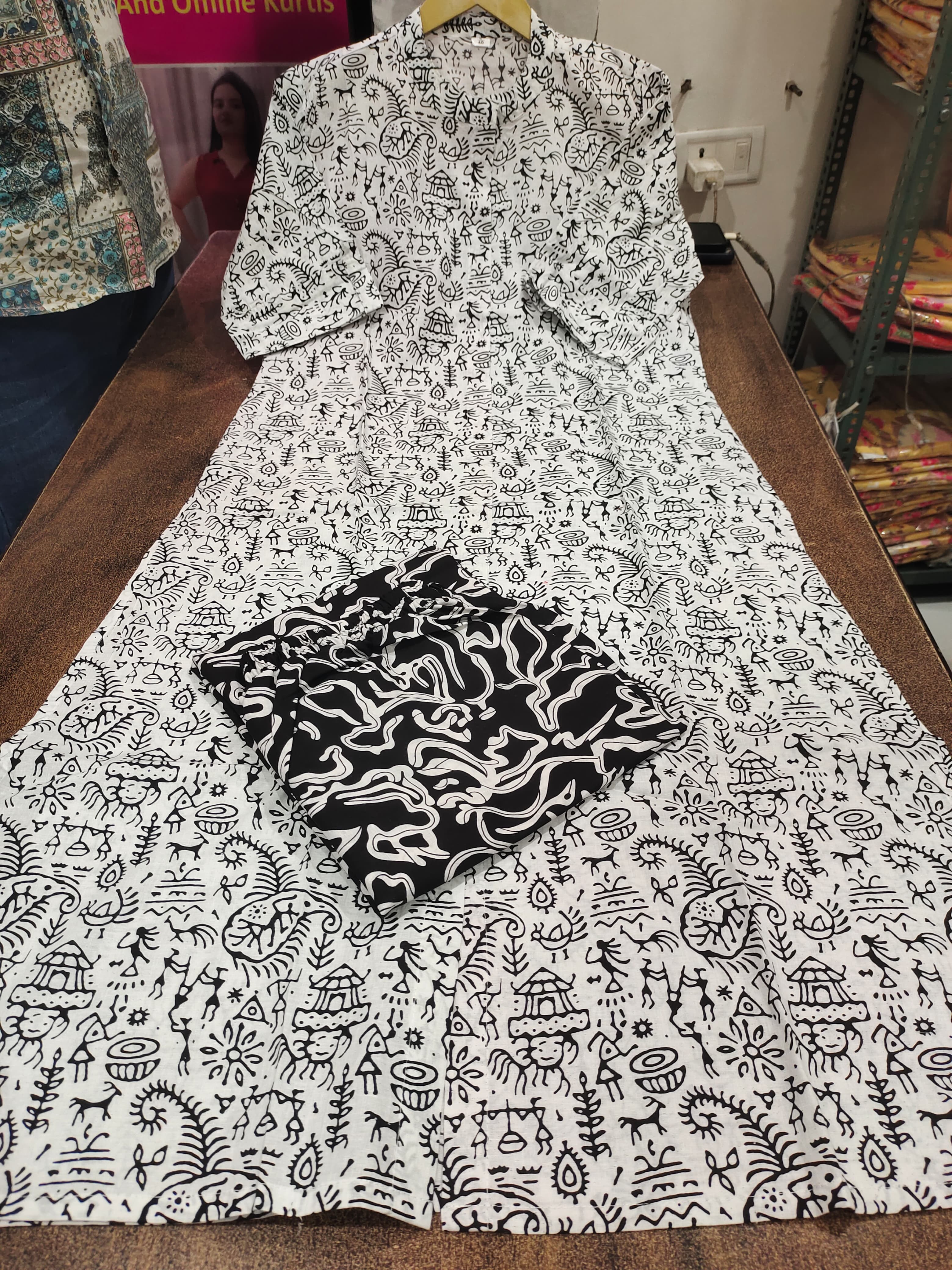 Beige & Black Warli Print Cotton A-Line Kurta Wide Palazzo Set - Image 3