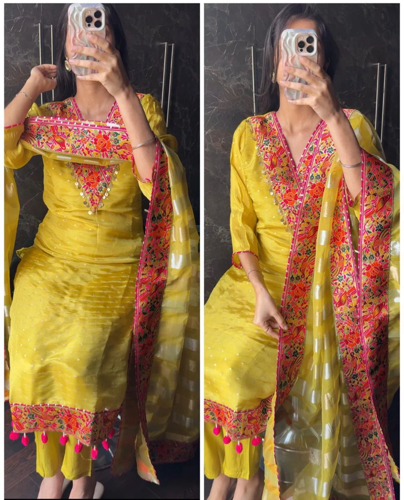 Yellow Chanderi Jacquard Embroidered Kurta Set with Dupatta - Image 2