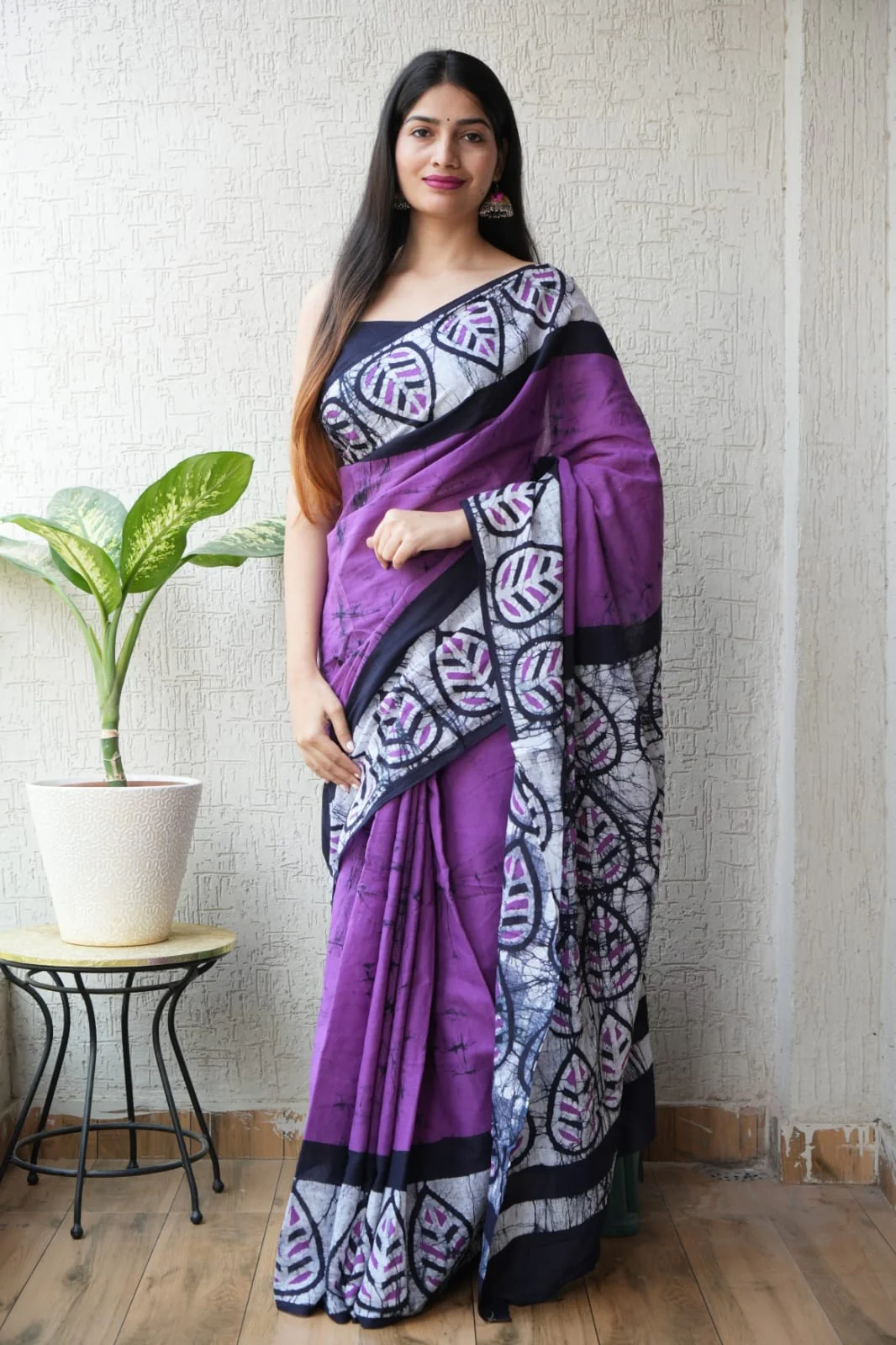 Purple Black Designer Hand Block Printed Cotton Saree with Blouse (BFCS86)