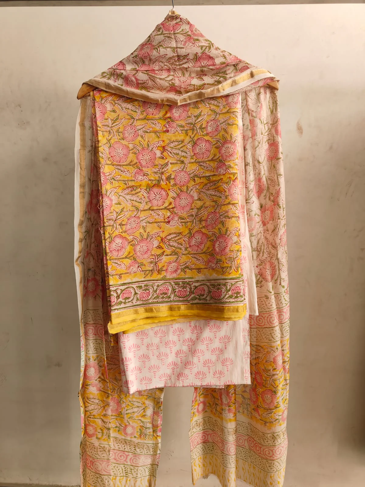 Yellow & Pink Large Floral Hand Block Print Chanderi Silk Dress Material  (BFCHS16)