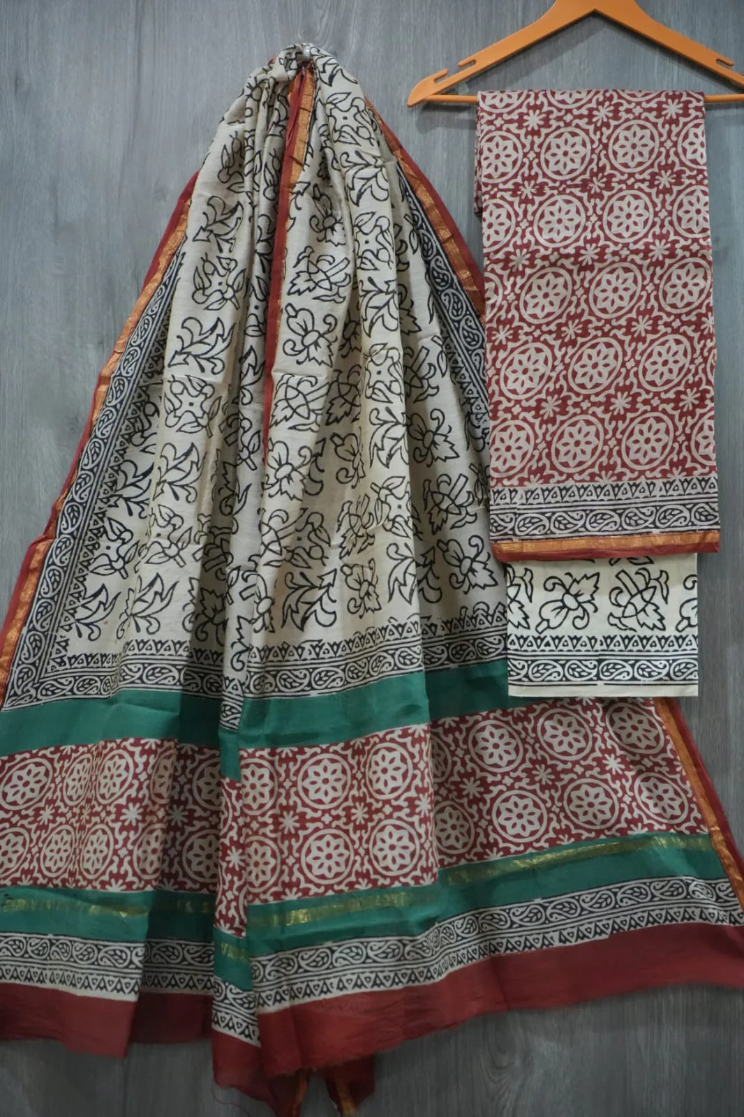 Cream & Maroon Chakri Geometric Hand Block Print Chanderi Silk Dress Material (BFCHS37)