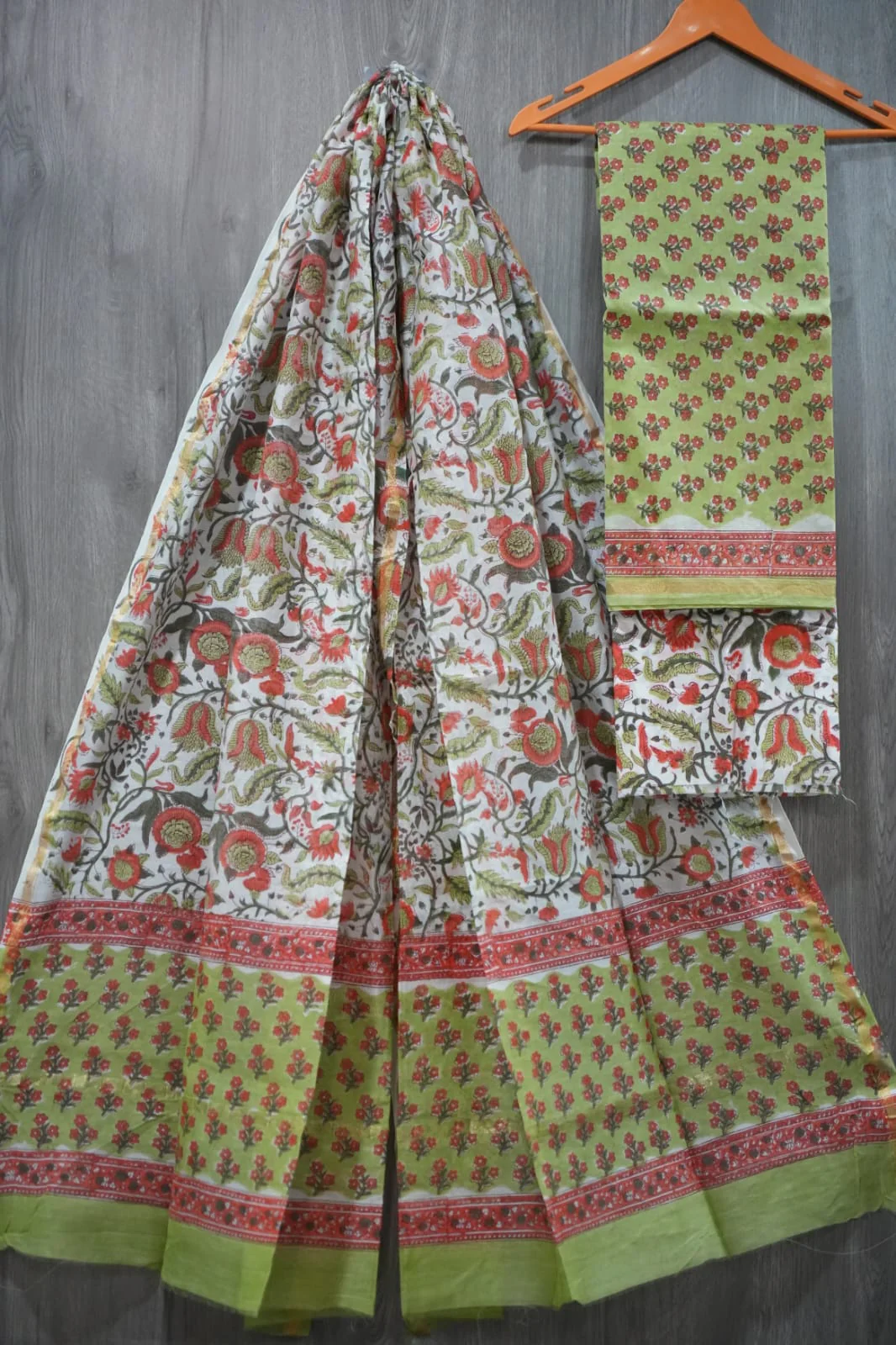 Lime Green & Red Floral Jaal Hand Block Print Chanderi Silk Dress Material (BFCHS43)