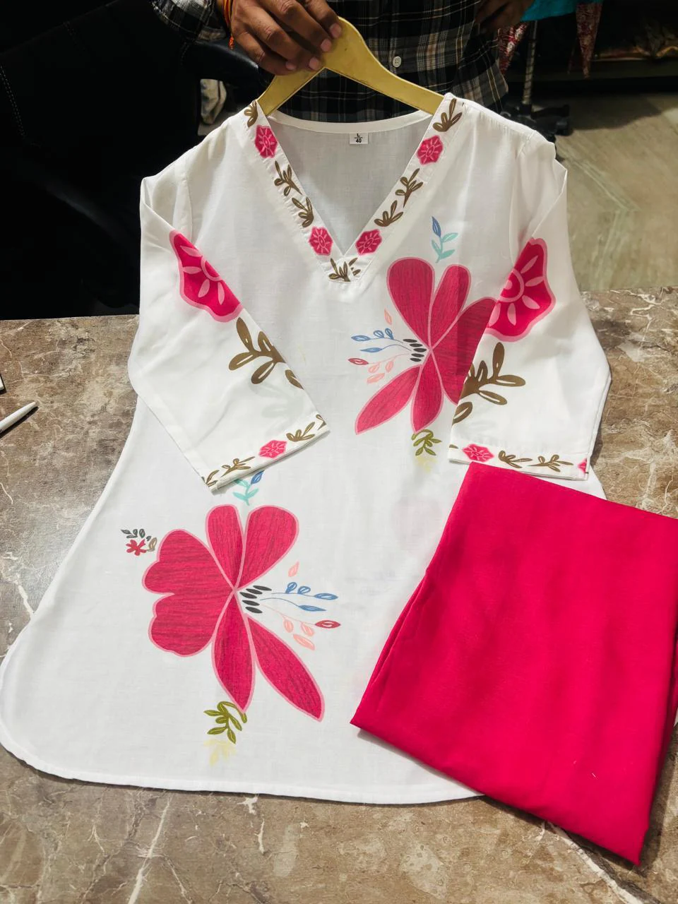 Red Floral Cotton Kurti Plazo Set for Women - Image 2