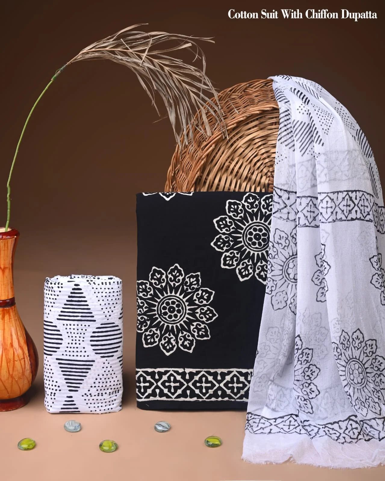 Premium Hand Block Cotton Suit With Chiffon Dupatta Suit Sets(BFCC25)