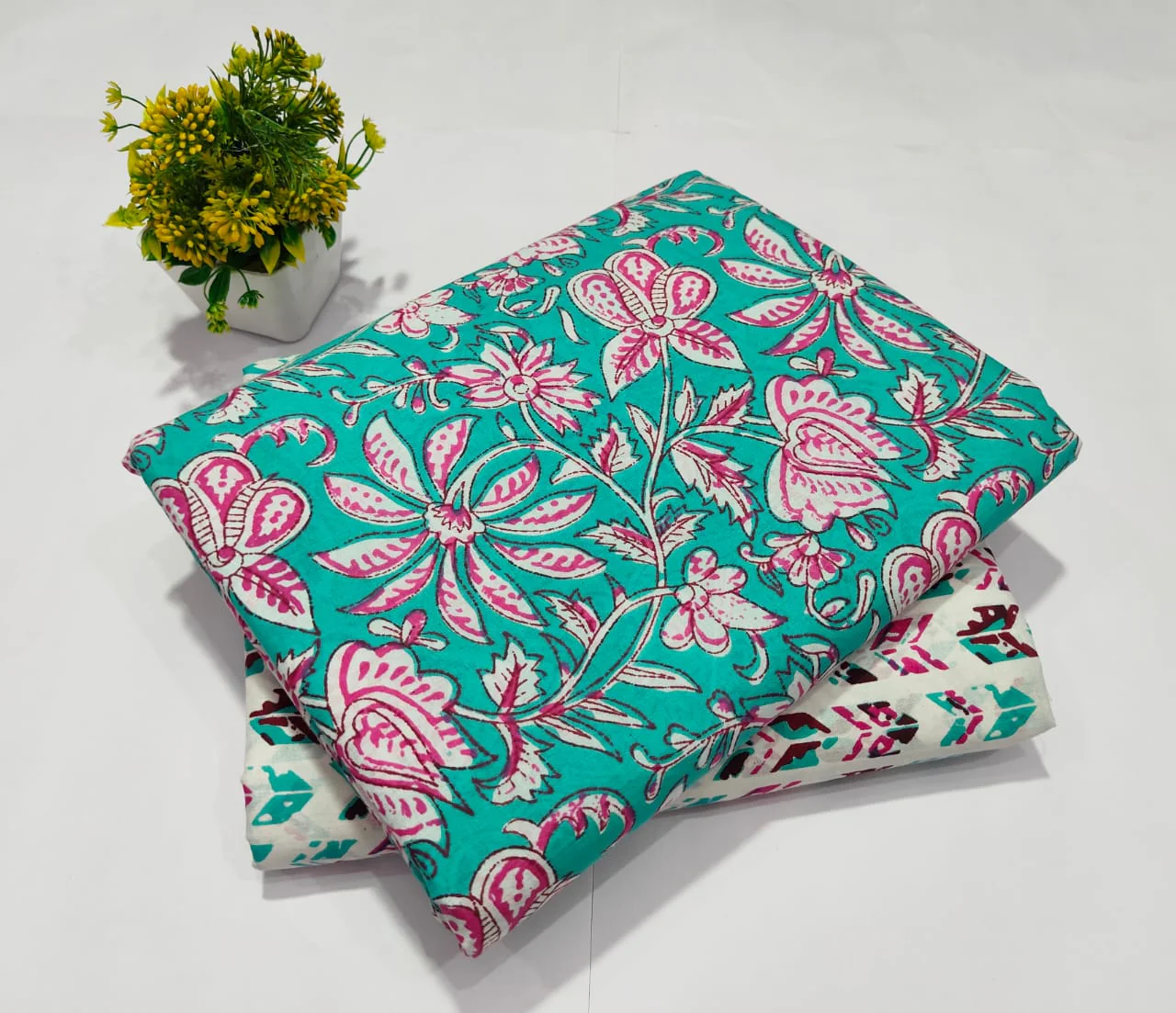 Green Cotton Fabric with Pink Floral Print – Stylish Printed Cotton Material(BFTB03)