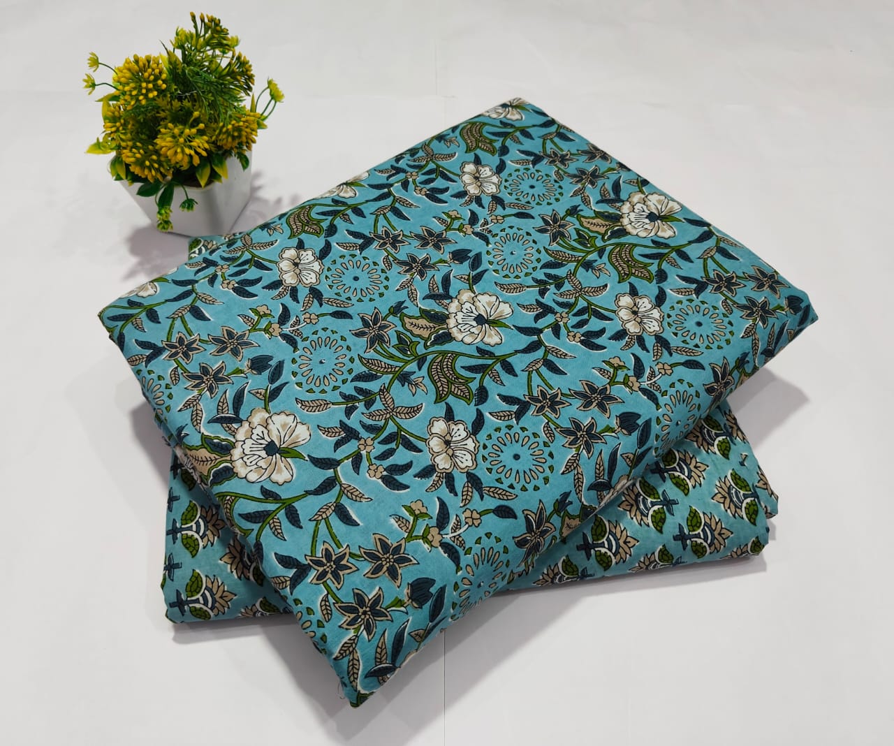 Sky Blue Floral Printed Top & Bottom Suit Set ā Stylish Cotton Suit Material (BFTB11)