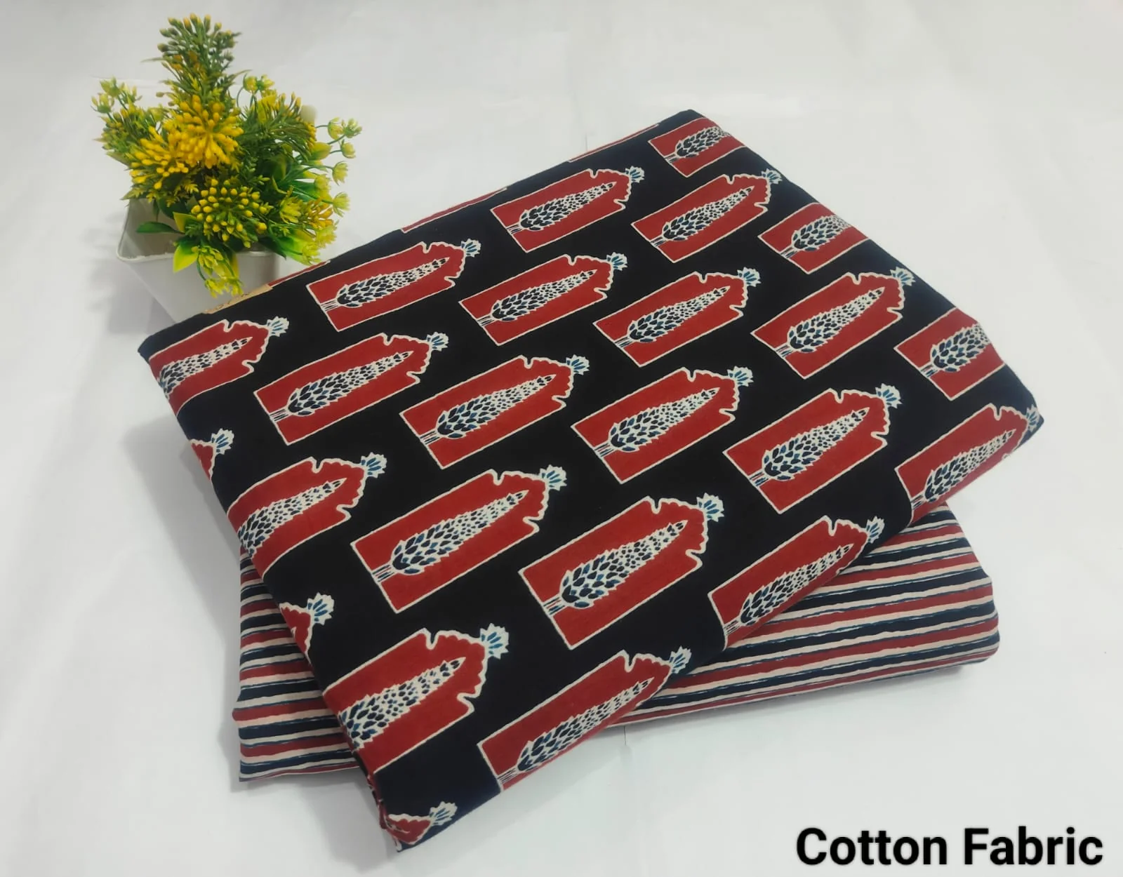 Black Red Ethnic Printed Cotton Fabric – Stylish Traditional Dress Material (BFTB29)