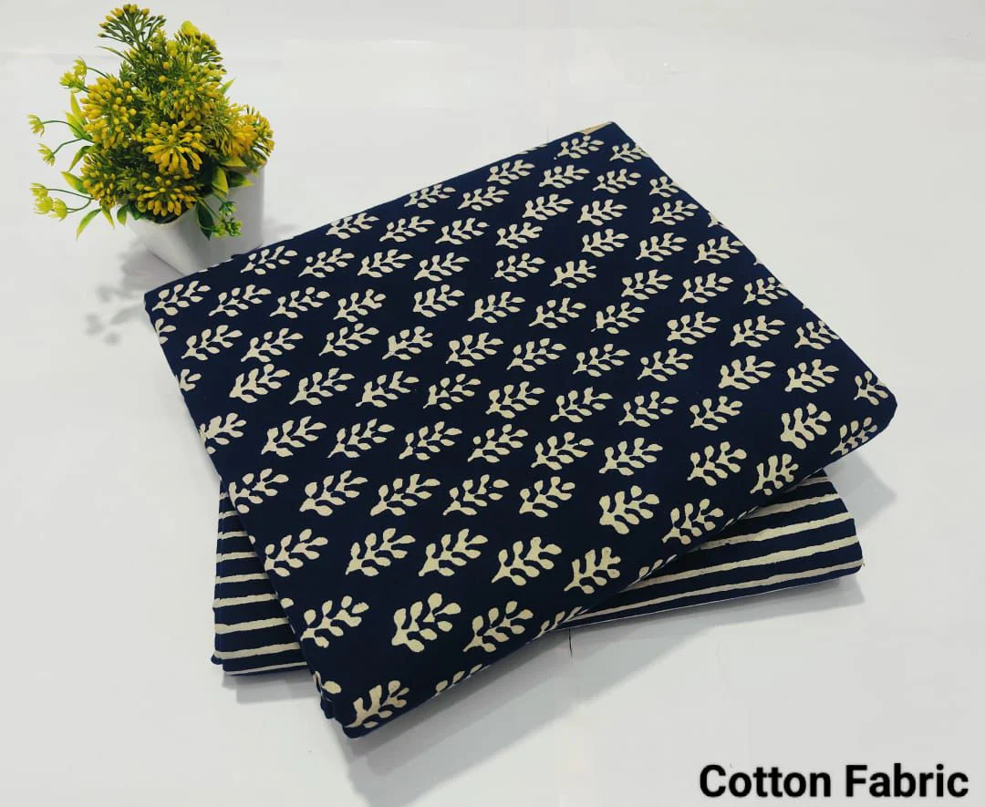 Navy Blue Leaf Cotton Fabric – Ethnic Printed Cotton Material (BFTB56)