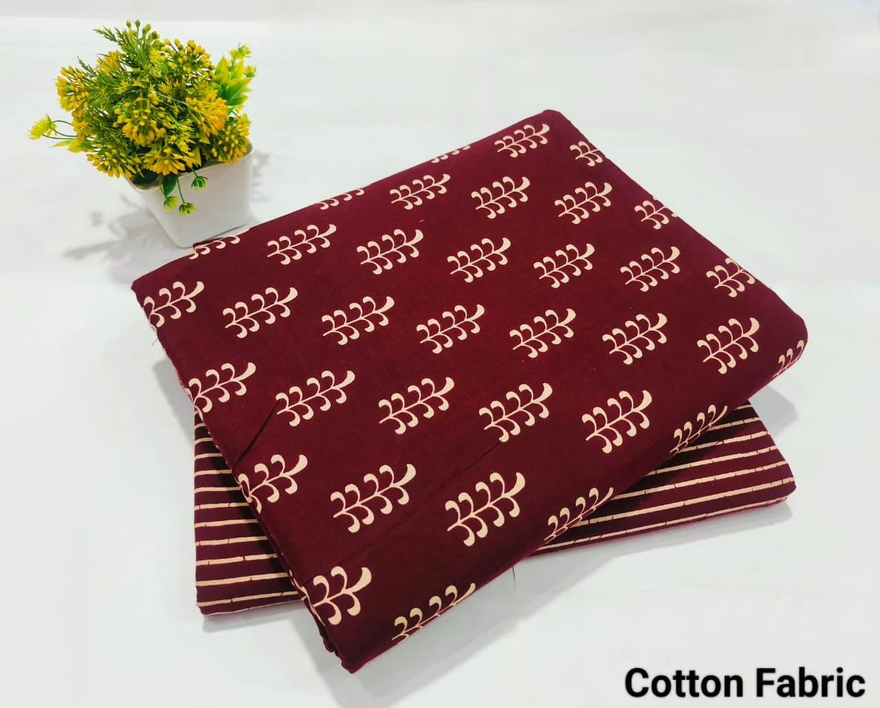 Maroon Printed Cotton Fabric for Kurti – Soft Leaf Design Dress Material (BFTB59)
