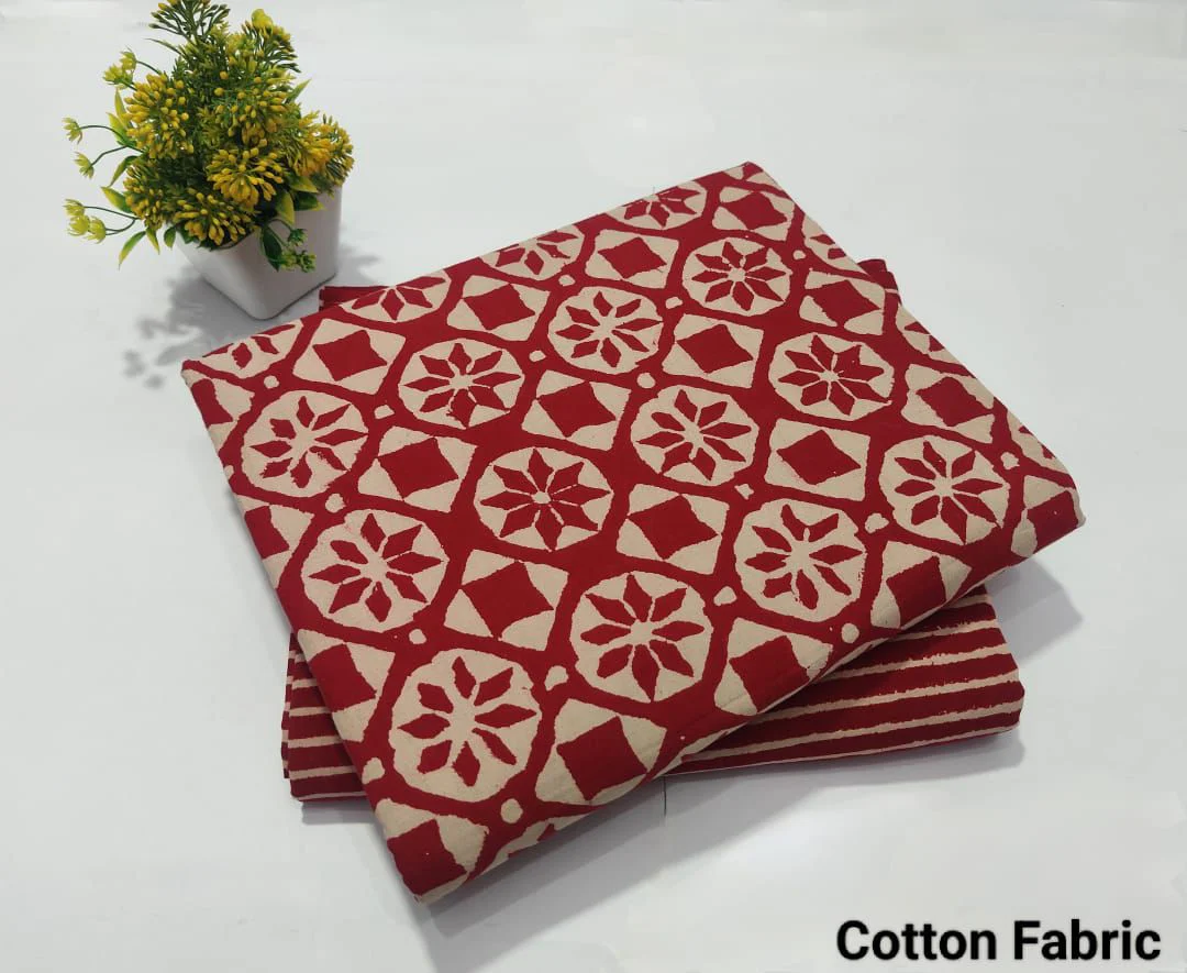 Red Geometric Printed Cotton Fabric – Stylish Dress Material (BFTB63)