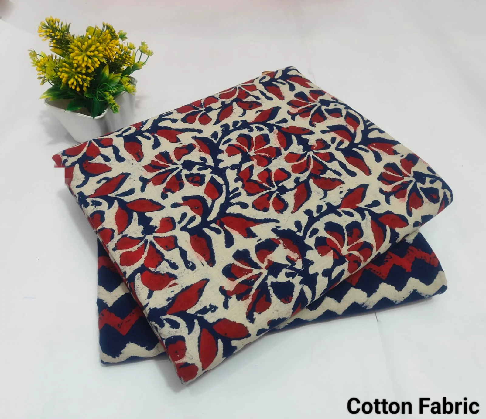 Cream Base Red Blue Floral Cotton Fabric – Printed Dress Material for Women (BFTB64)