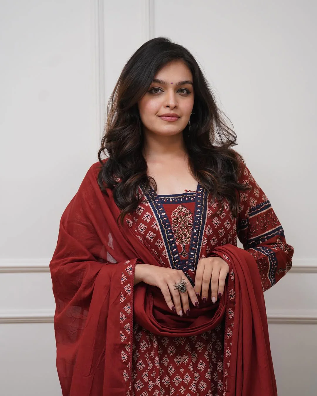 Maroon Cotton Anarkali Kurta Set | Block Print Flared Suit with Dupatta - Image 2